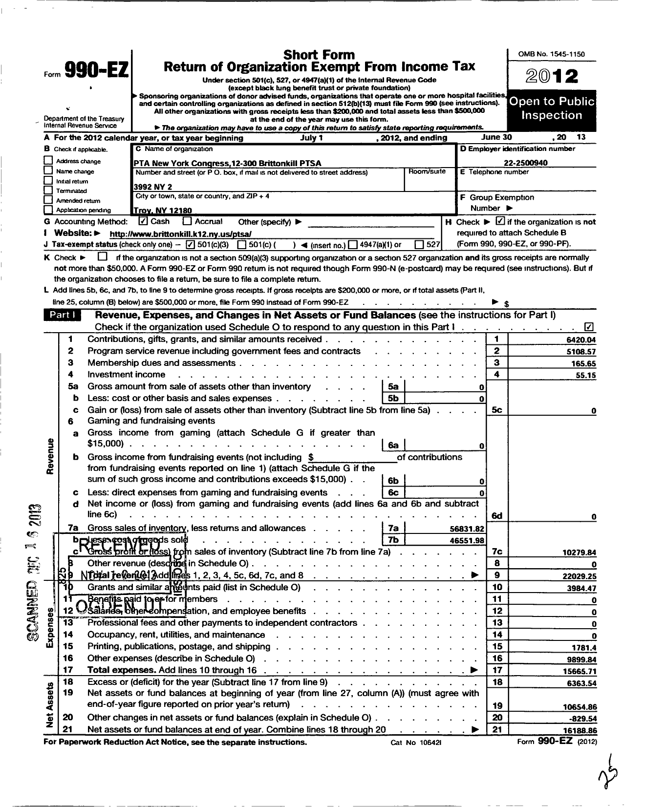 Image of first page of 2012 Form 990EZ for New York State PTA - 12-300 Brittonkill Ptsa