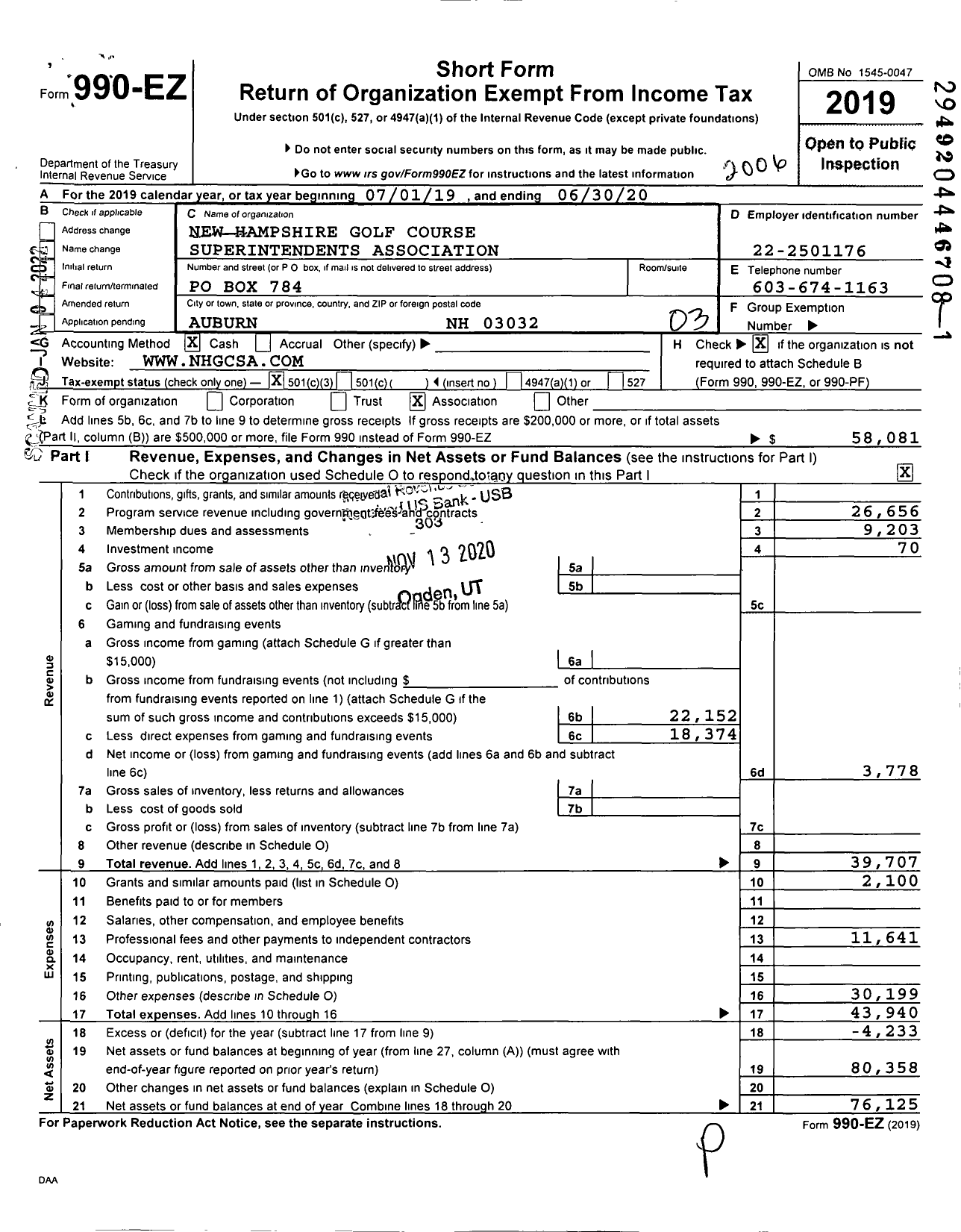 Image of first page of 2019 Form 990EZ for New Hampshire Golf Course Superintendents Association