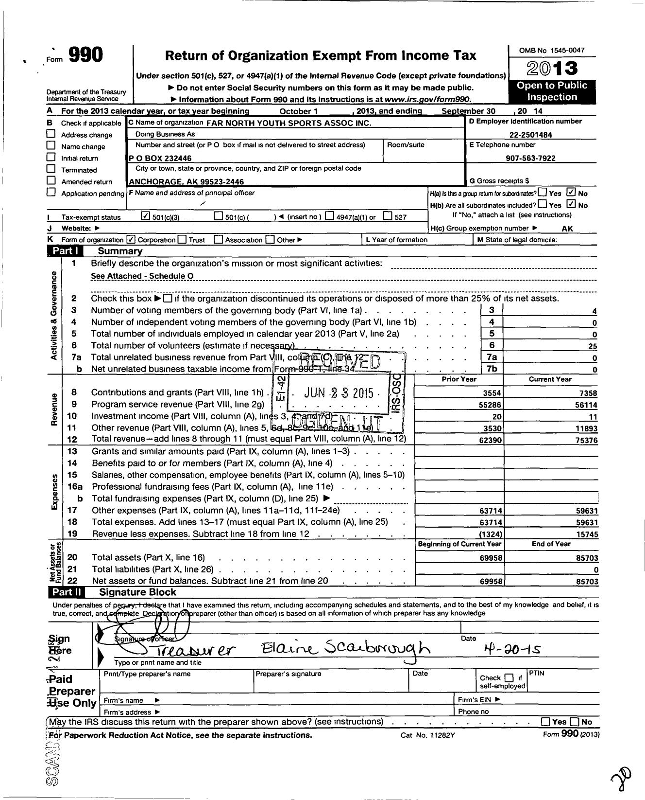 Image of first page of 2013 Form 990 for Far North Youth Sports Association