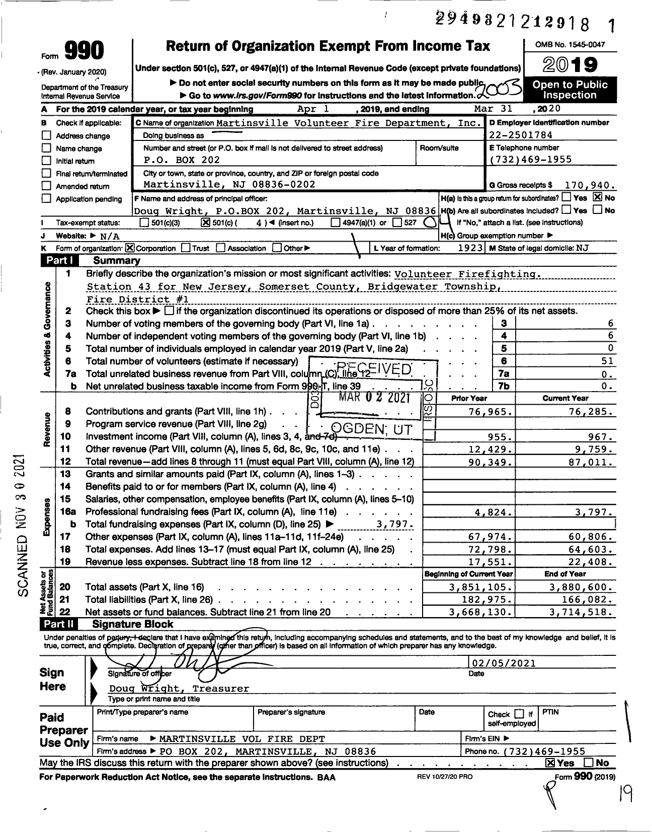 Image of first page of 2019 Form 990O for Martinsville Volunteer Fire Dept