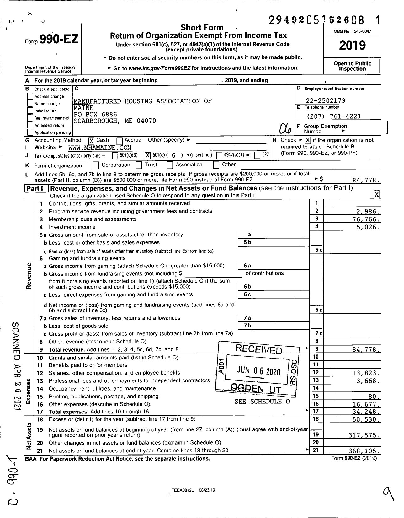 Image of first page of 2019 Form 990EO for Manufactured Housing Association of Maine