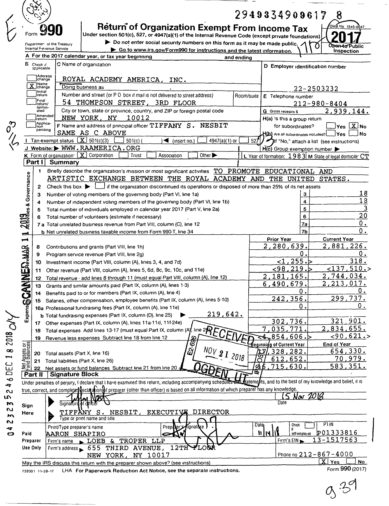 Image of first page of 2017 Form 990 for Royal Academy America
