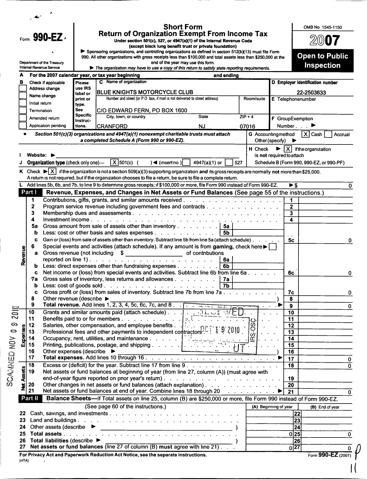 Image of first page of 2007 Form 990EO for Blue Knights Motorcycle Club / Iii NJ