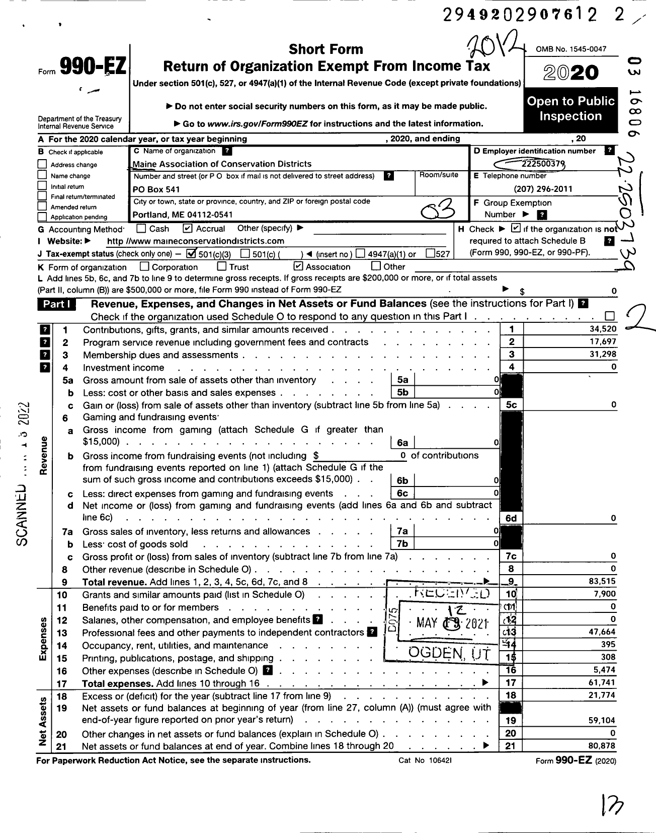 Image of first page of 2020 Form 990EZ for Maine Association of Conservation Districts