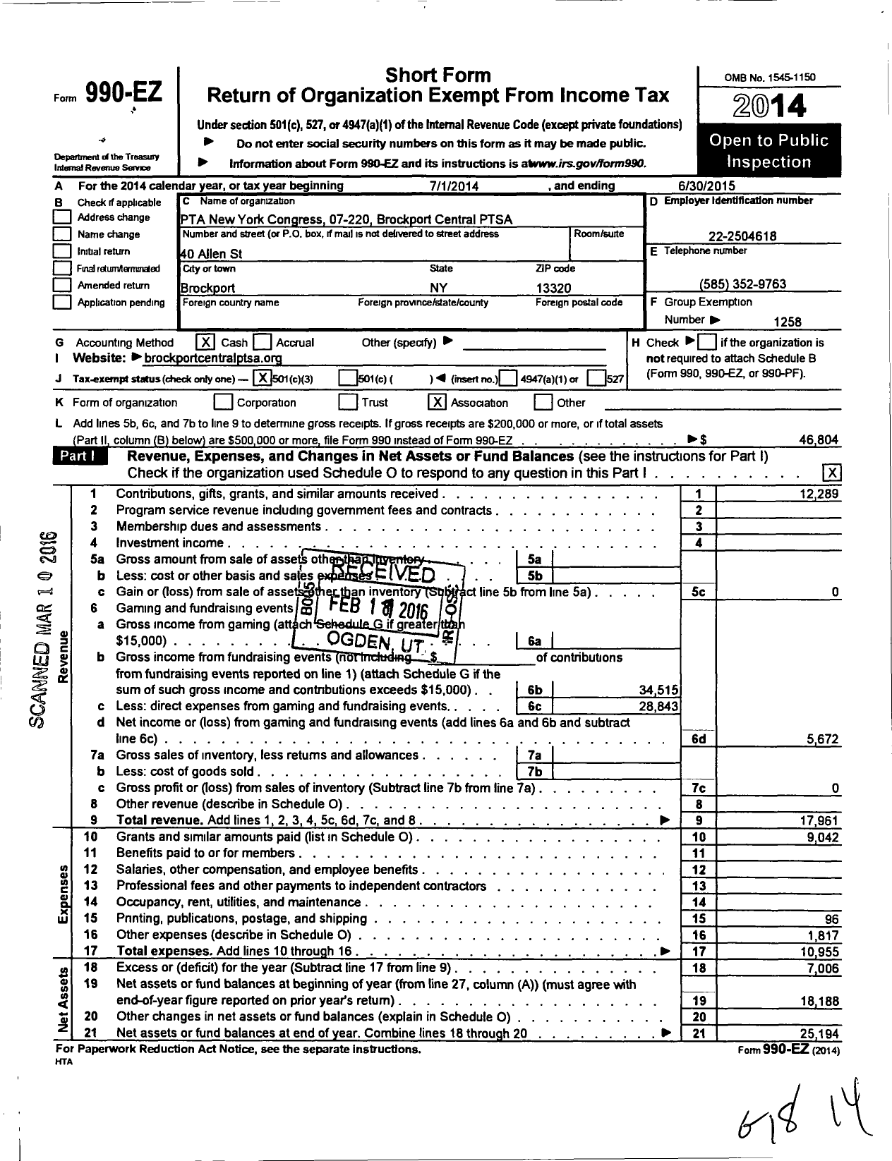 Image of first page of 2014 Form 990EZ for New York State PTA - 07-220 Brockport Central Ptsa