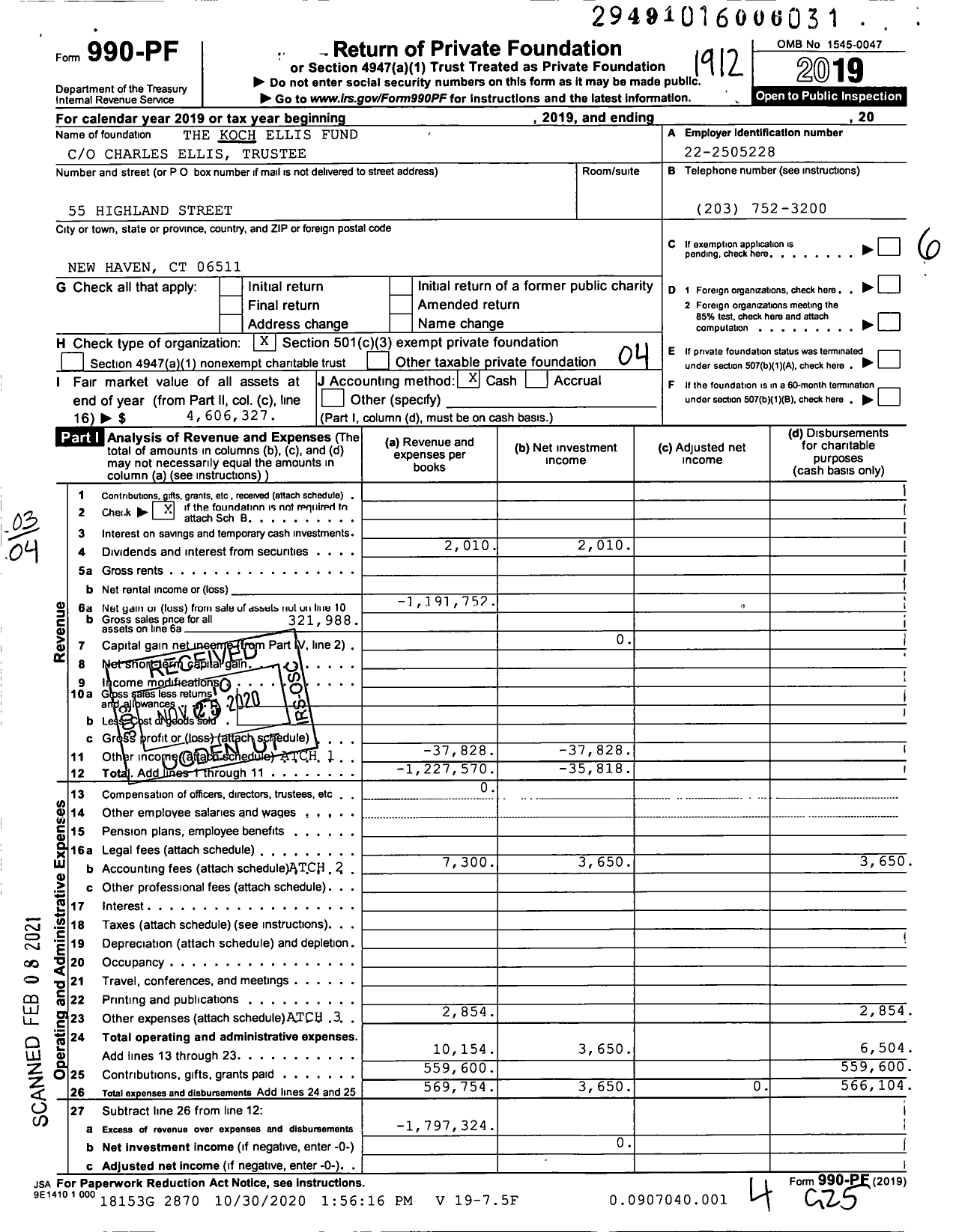 Image of first page of 2019 Form 990PF for The Koch Ellis Fund