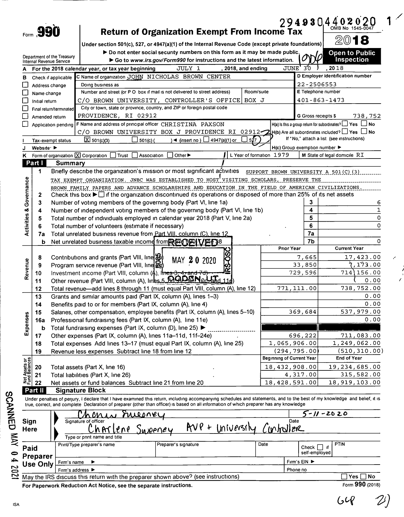 Image of first page of 2018 Form 990 for John Nicholas Brown Center for the Advancement of Academic Scholarship for the P (JNBC)