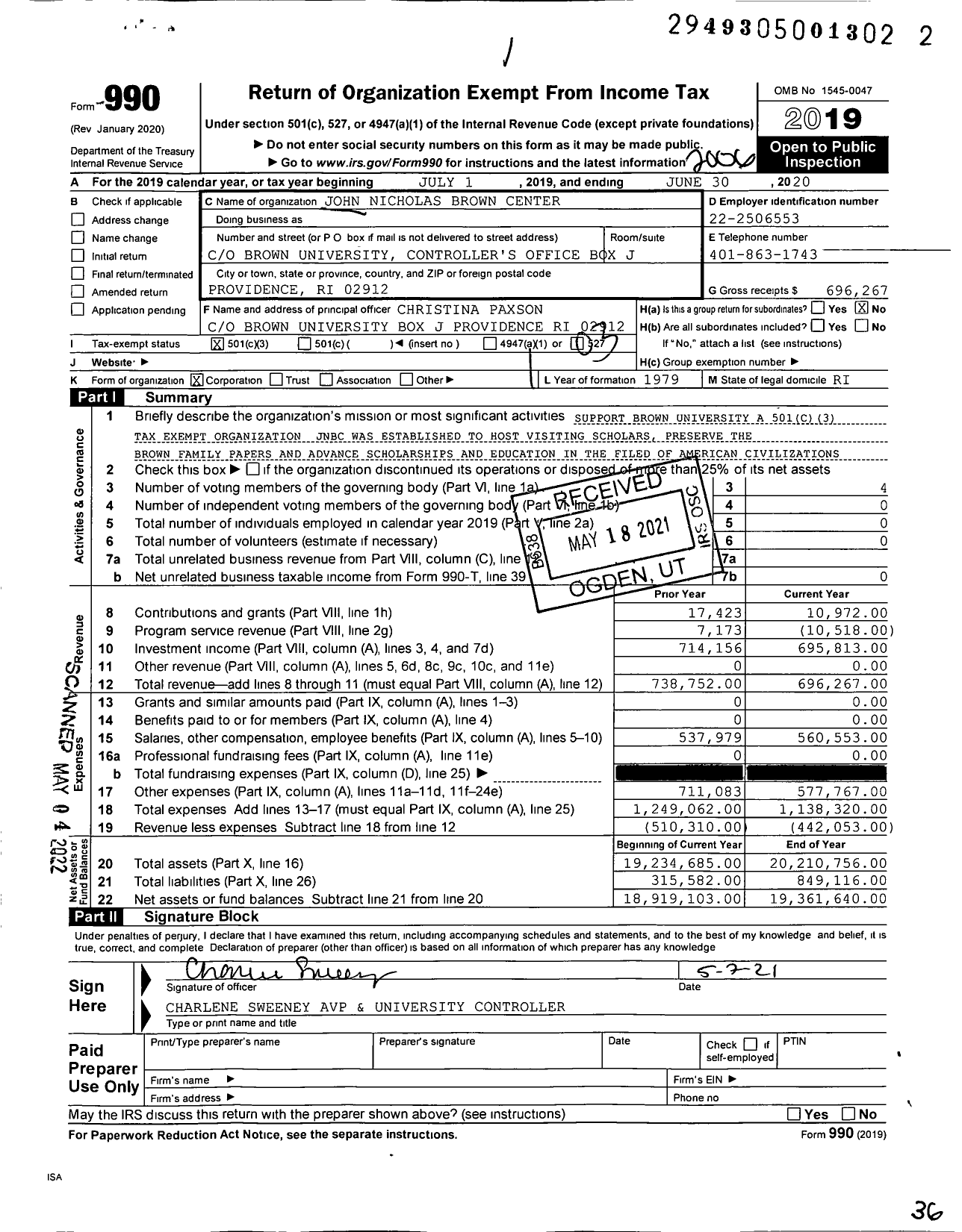 Image of first page of 2019 Form 990 for John Nicholas Brown Center for the Advancement of Academic Scholarship for the P (JNBC)