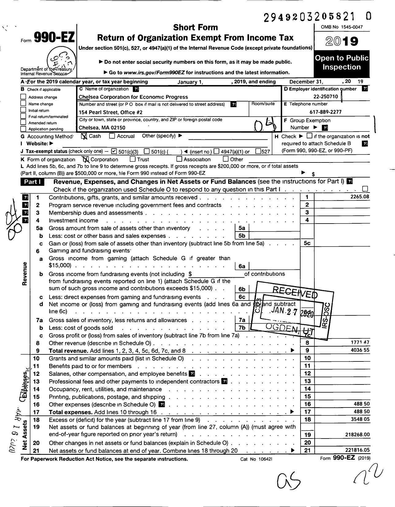 Image of first page of 2019 Form 990EO for Chelsea Corporation For Economic Progress