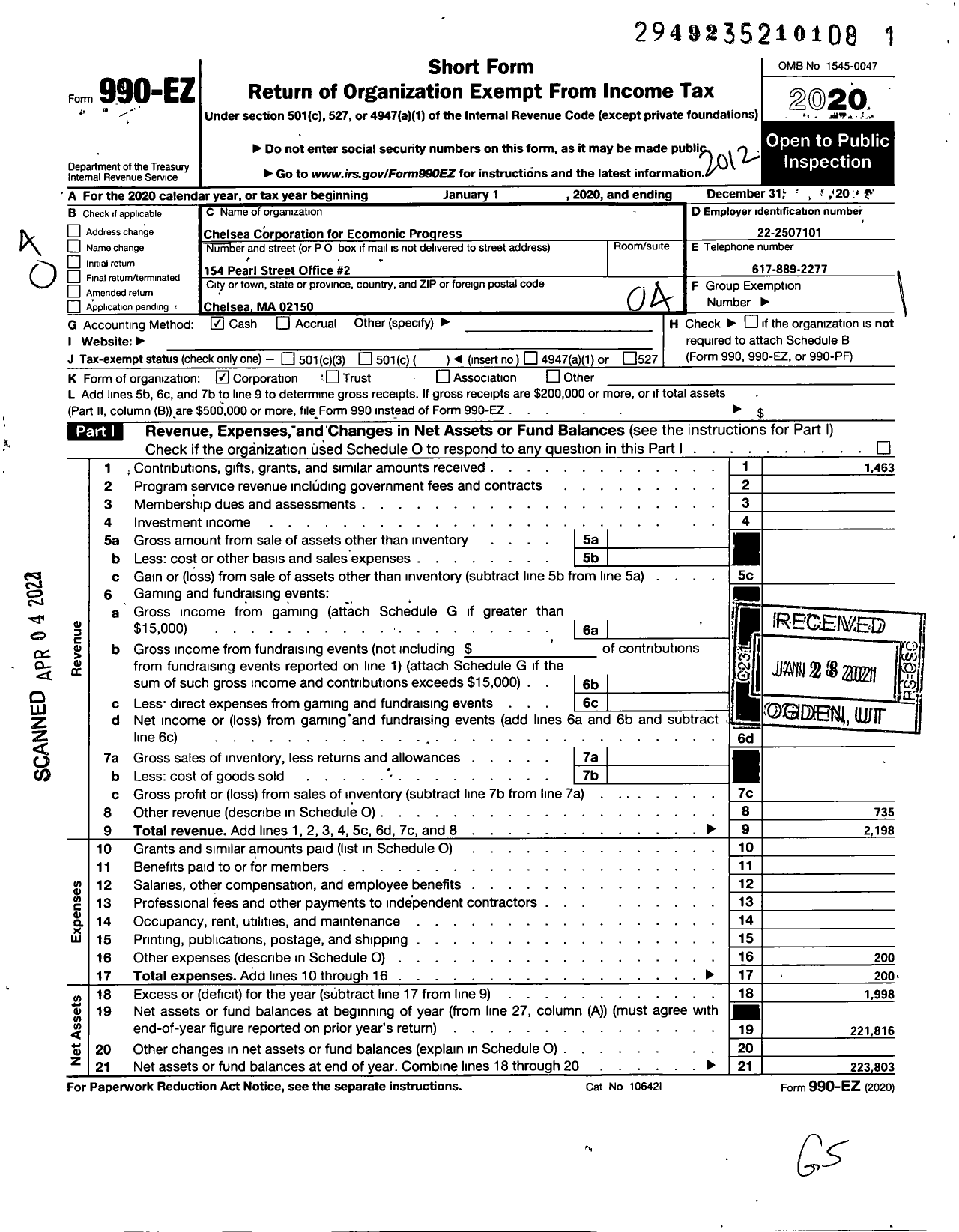 Image of first page of 2020 Form 990EO for Chelsea Corporation For Economic Progress