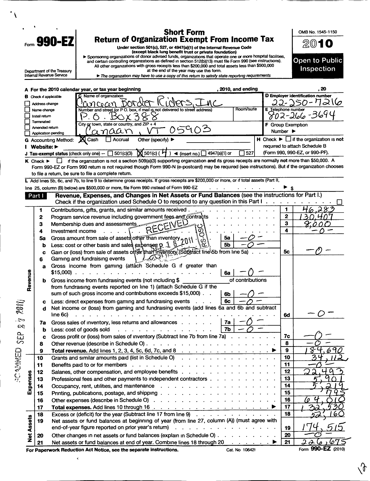 Image of first page of 2010 Form 990EO for Canaan Border Riders