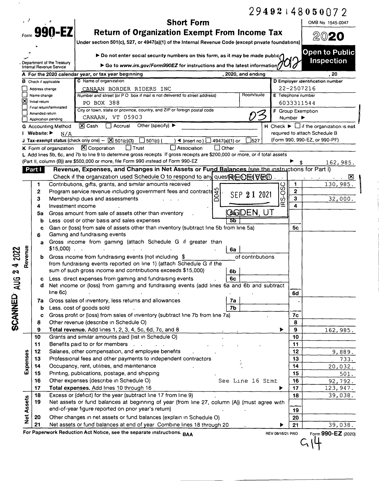 Image of first page of 2020 Form 990EZ for Canaan Border Riders