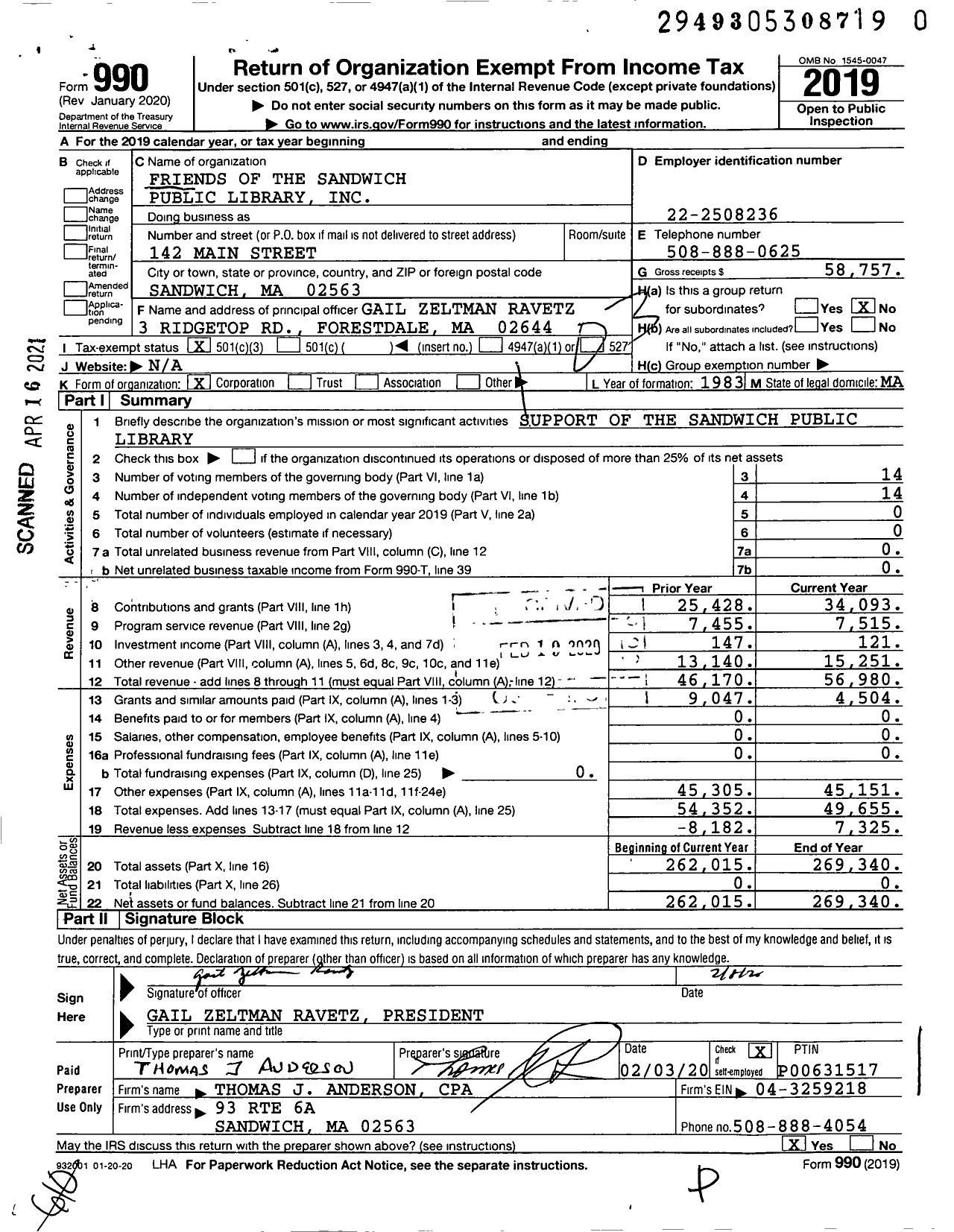 Image of first page of 2019 Form 990 for Friends of the Sandwich Public Library