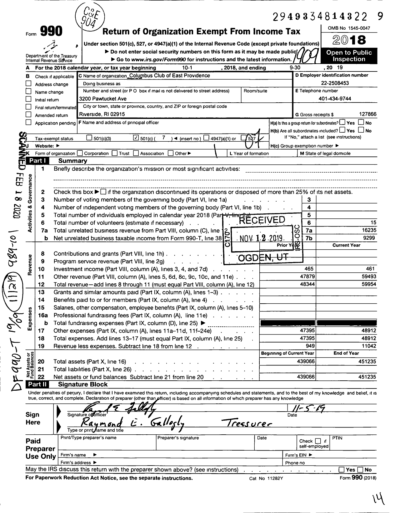 Image of first page of 2018 Form 990O for Columbus Club of East Providence