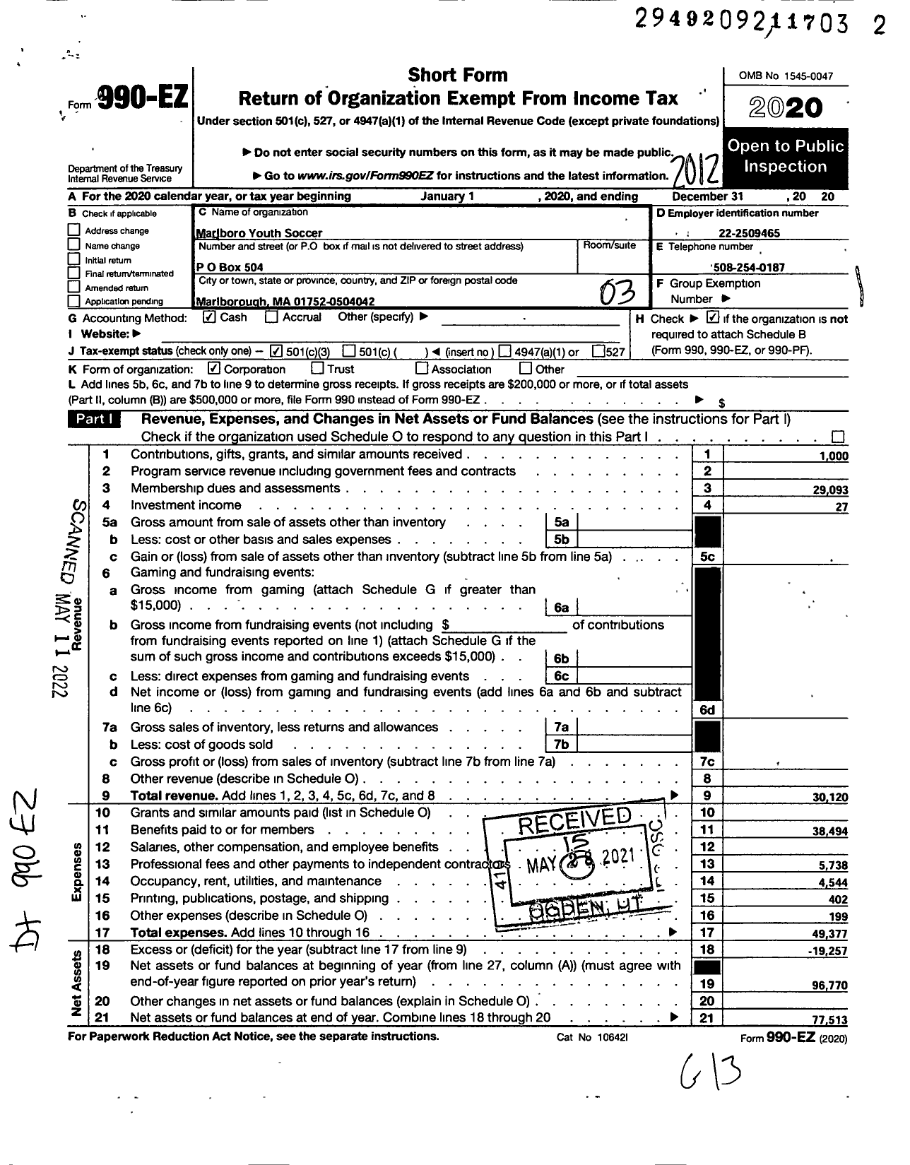 Image of first page of 2020 Form 990EZ for Marlboro Youth Soccer Association