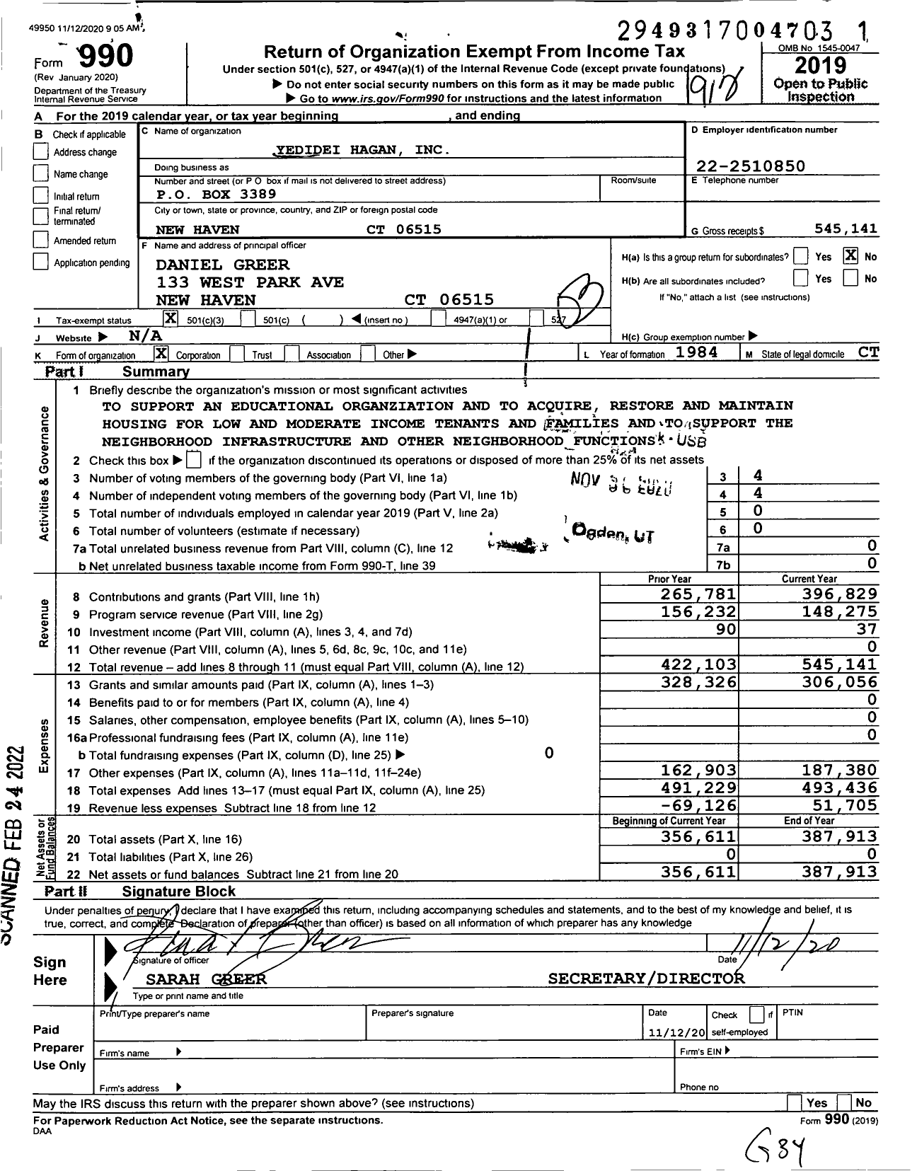 Image of first page of 2019 Form 990 for Yedidei Hagan