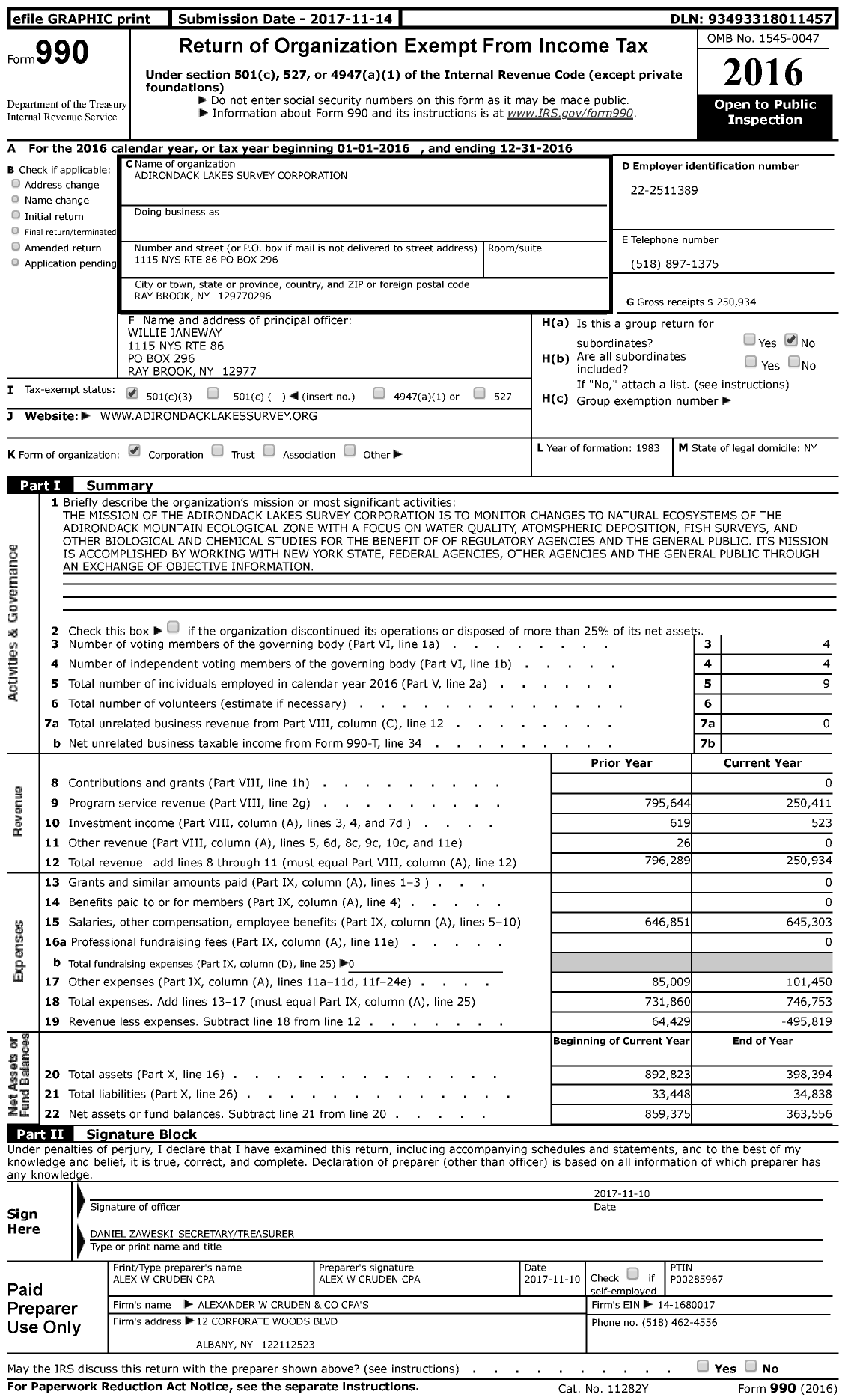 Image of first page of 2016 Form 990 for Adirondack Lakes Survey Corporation (ALSC)