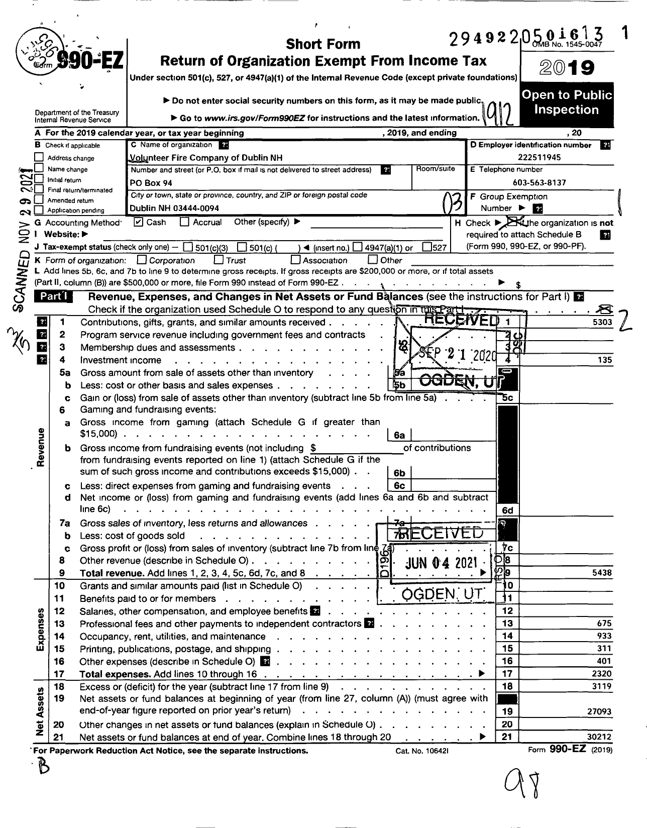 Image of first page of 2019 Form 990EZ for Volunteer Fire Company of Dublin NH