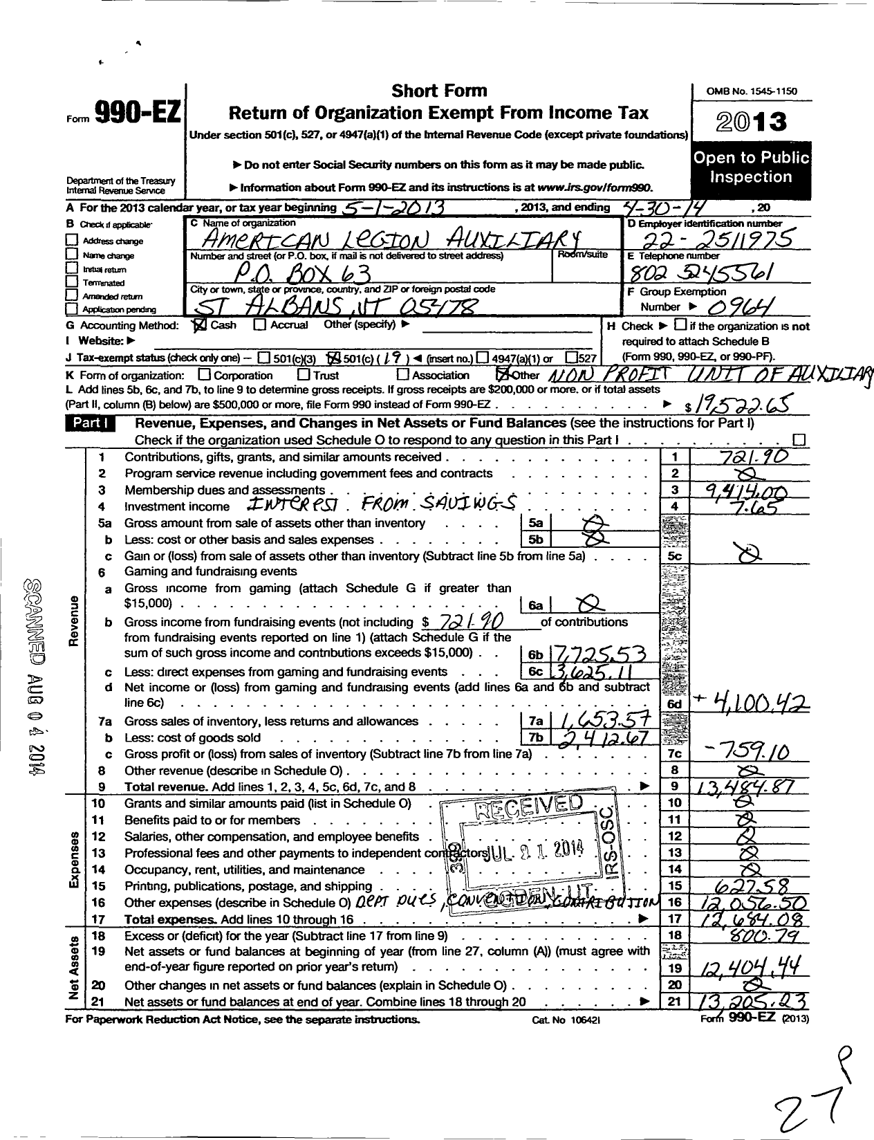 Image of first page of 2013 Form 990EO for American Legion Auxiliary - 1 Green MTN