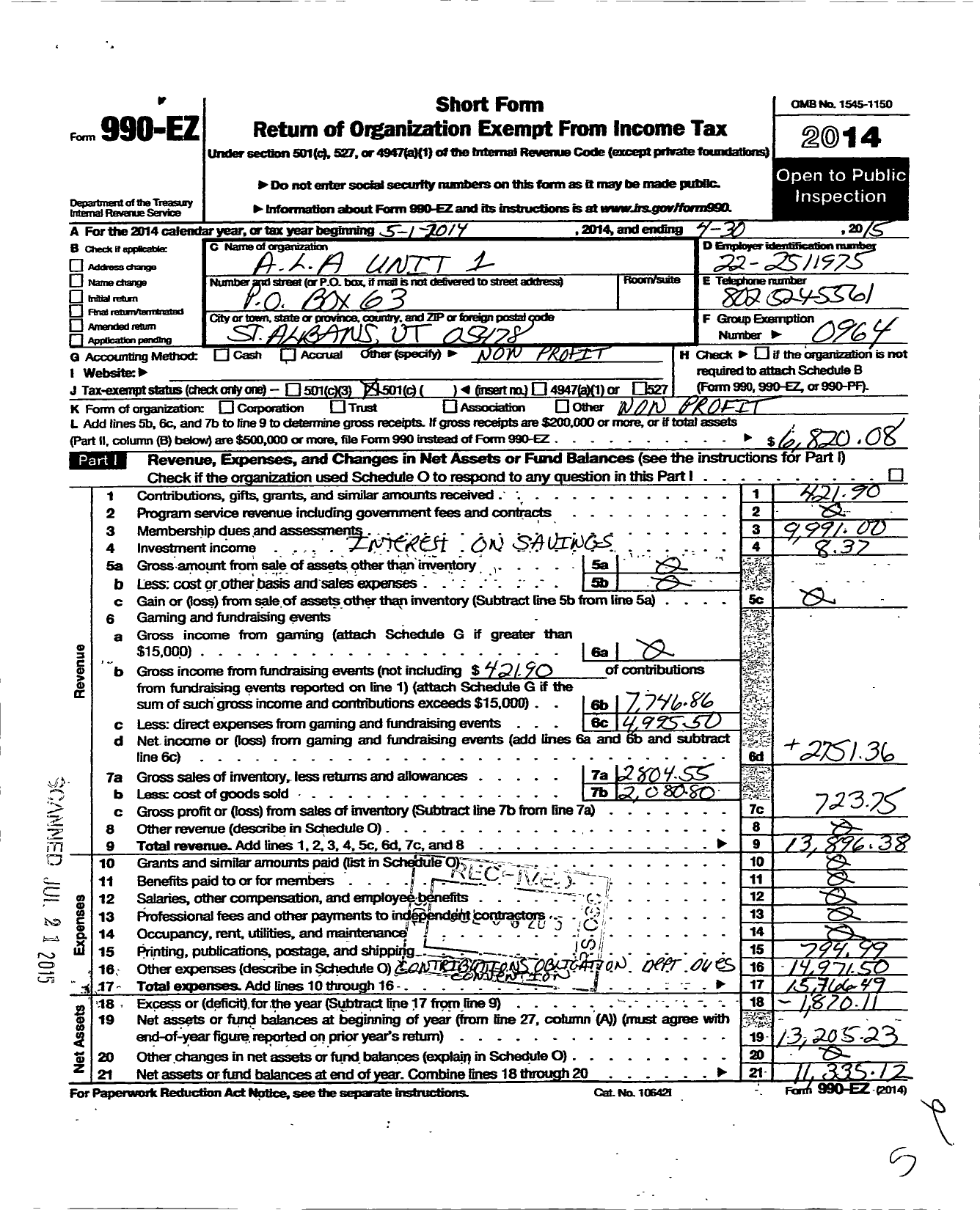 Image of first page of 2014 Form 990EO for American Legion Auxiliary - 1 Green MTN