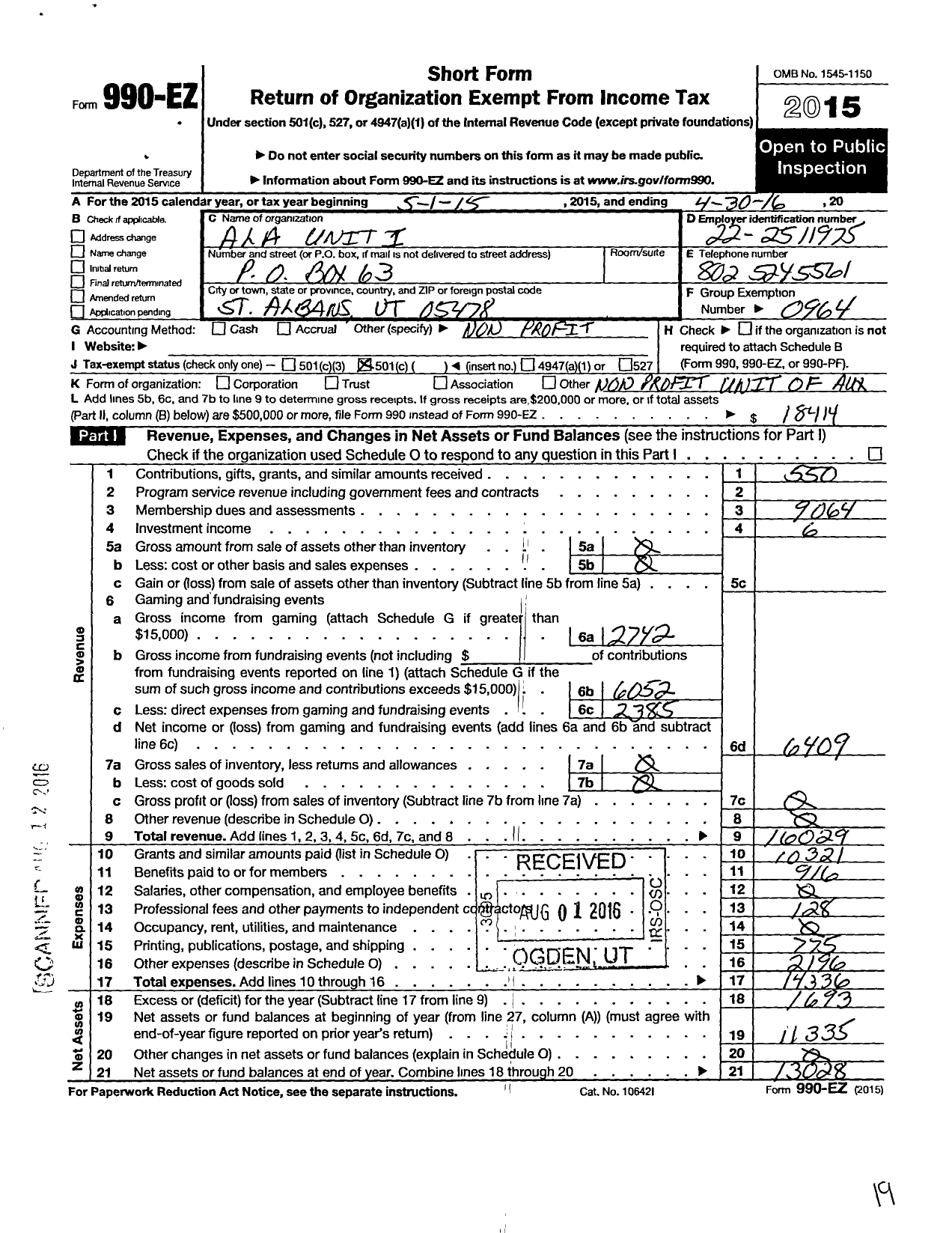 Image of first page of 2015 Form 990EO for American Legion Auxiliary - 1 Green MTN