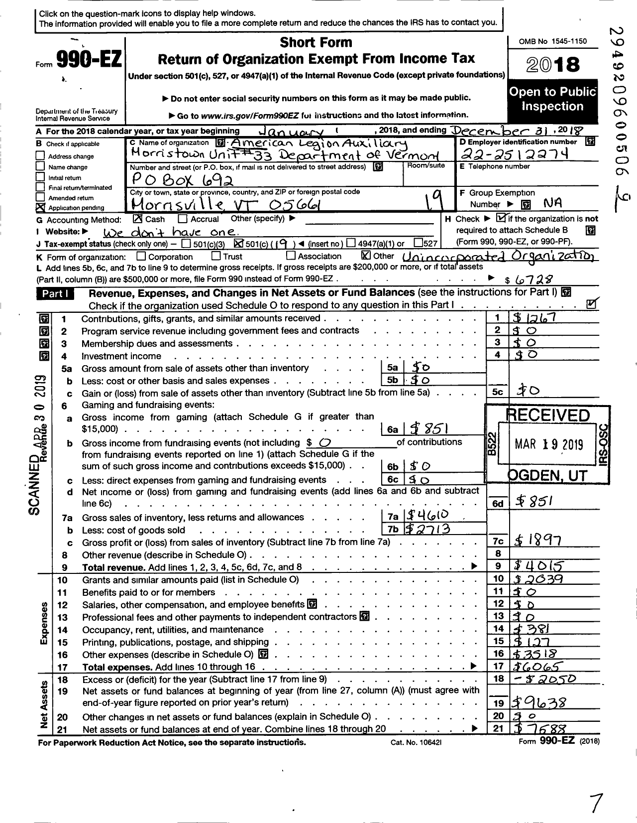 Image of first page of 2018 Form 990EO for American Legion Auxiliary Morristown Unit No 33 Dept of VT