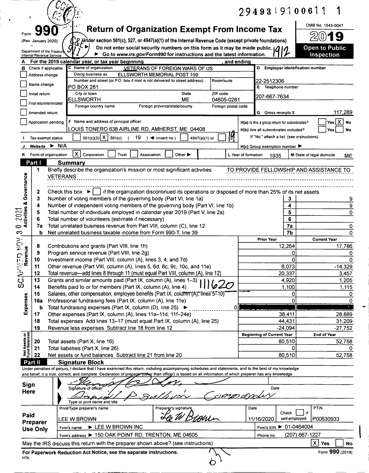 Image of first page of 2019 Form 990O for Veterans of Foreign Wars of the United States Dept of Maine - 109 Ellsworth Memorial Post