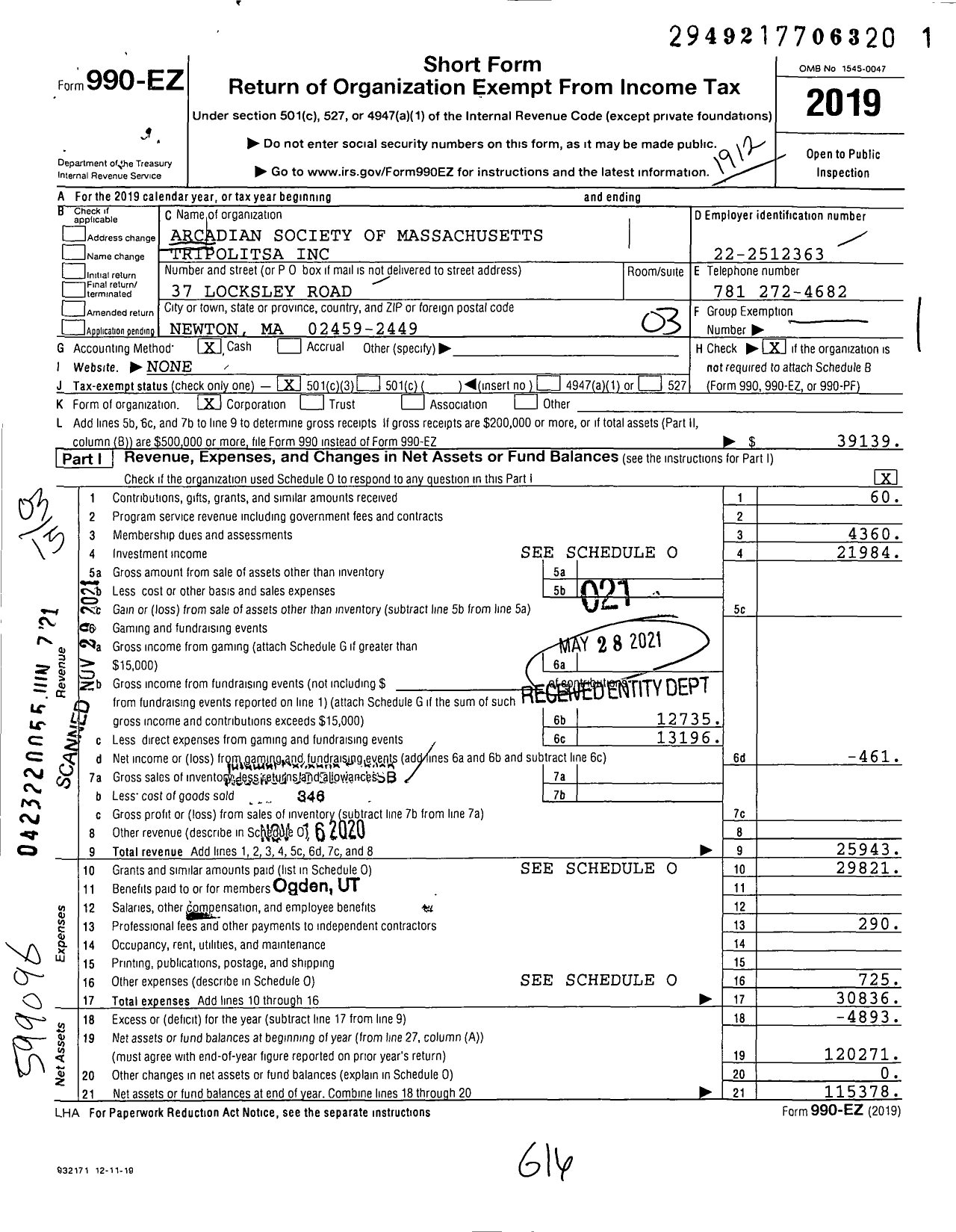 Image of first page of 2019 Form 990EZ for The Arcadian Society of Massachusetts Tripolitsa