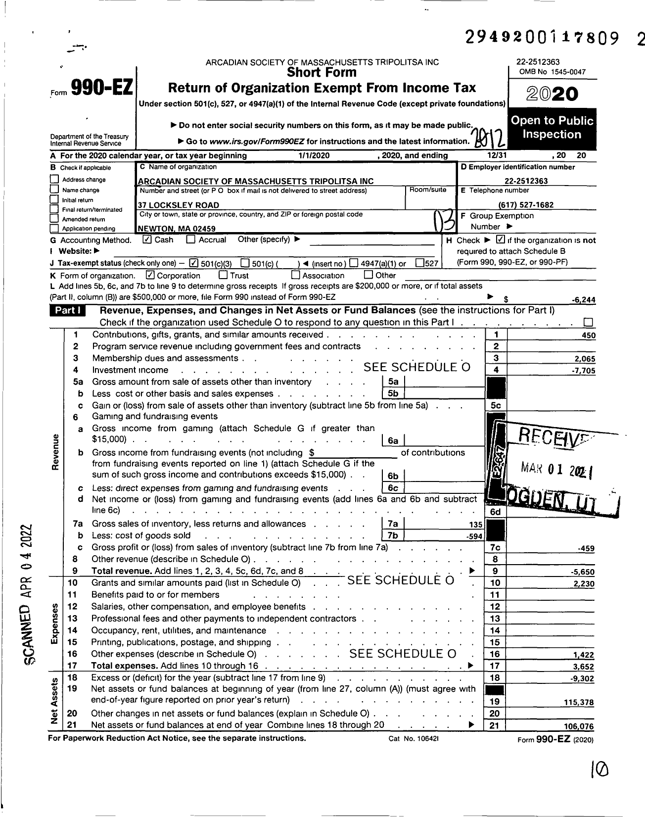 Image of first page of 2020 Form 990EZ for The Arcadian Society of Massachusetts Tripolitsa