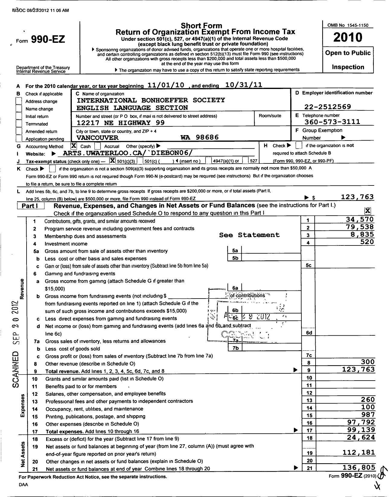 Image of first page of 2010 Form 990EZ for International Bonhoeffer Society