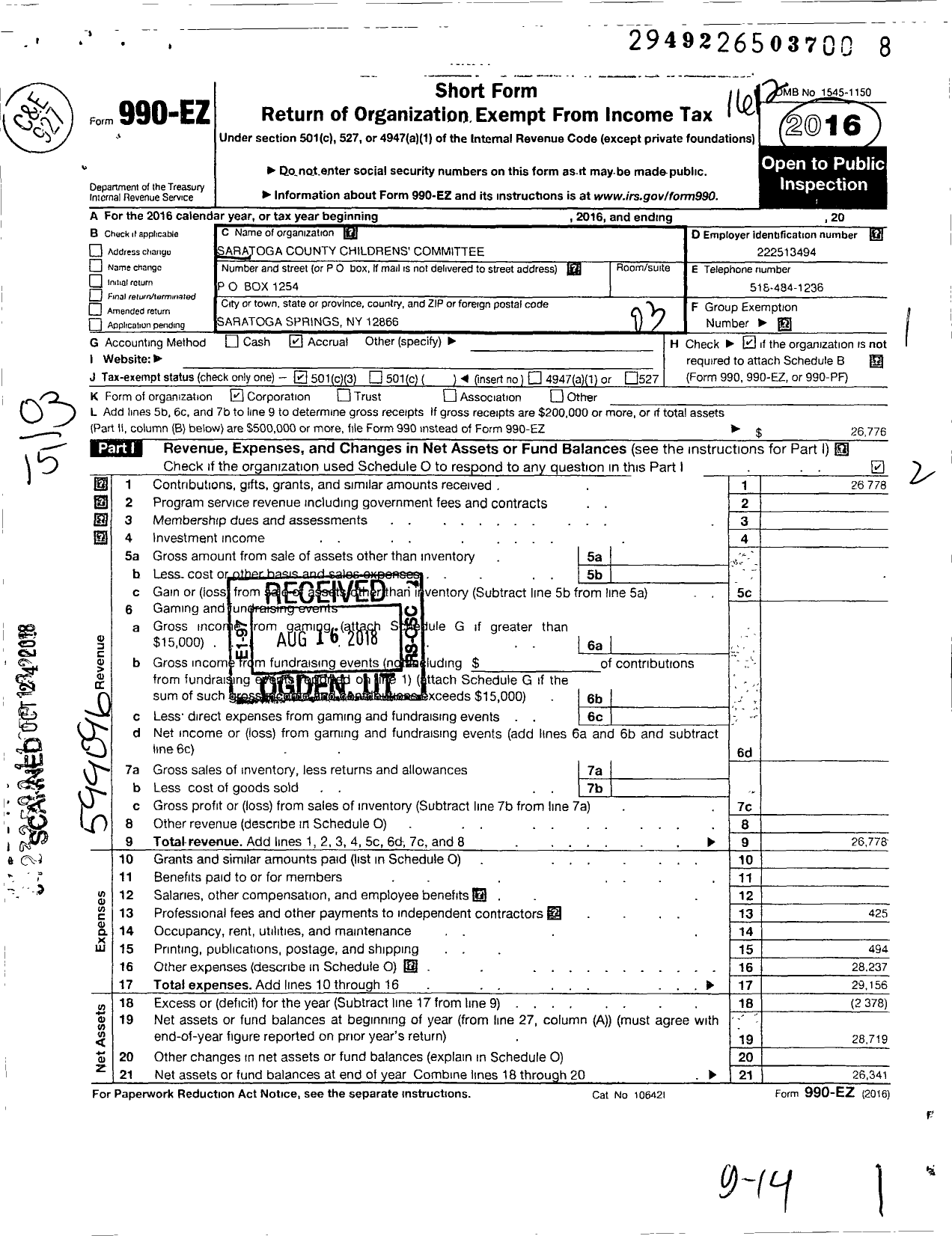 Image of first page of 2016 Form 990EZ for Saratoga County Childrens' Committee