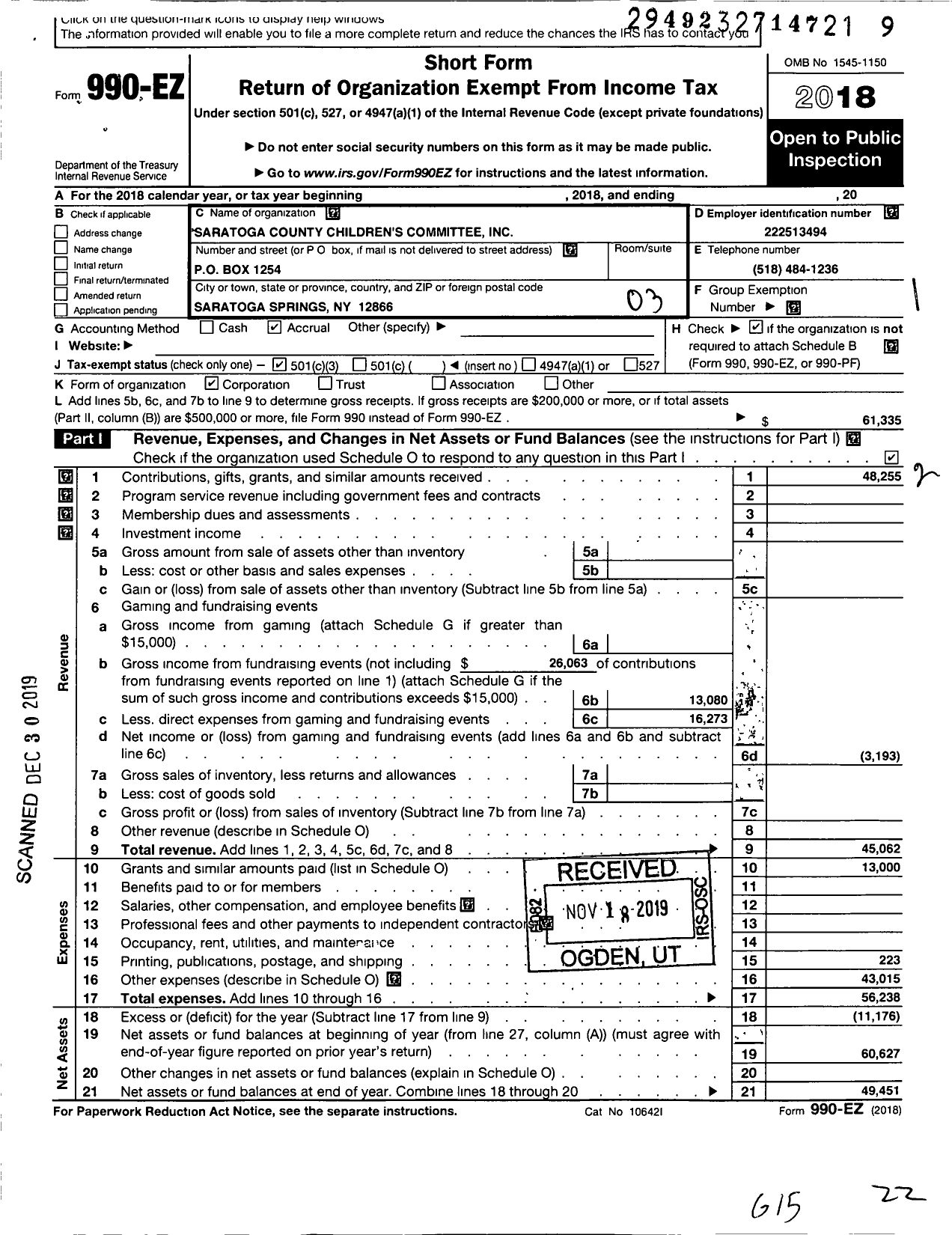 Image of first page of 2018 Form 990EZ for Saratoga County Childrens' Committee