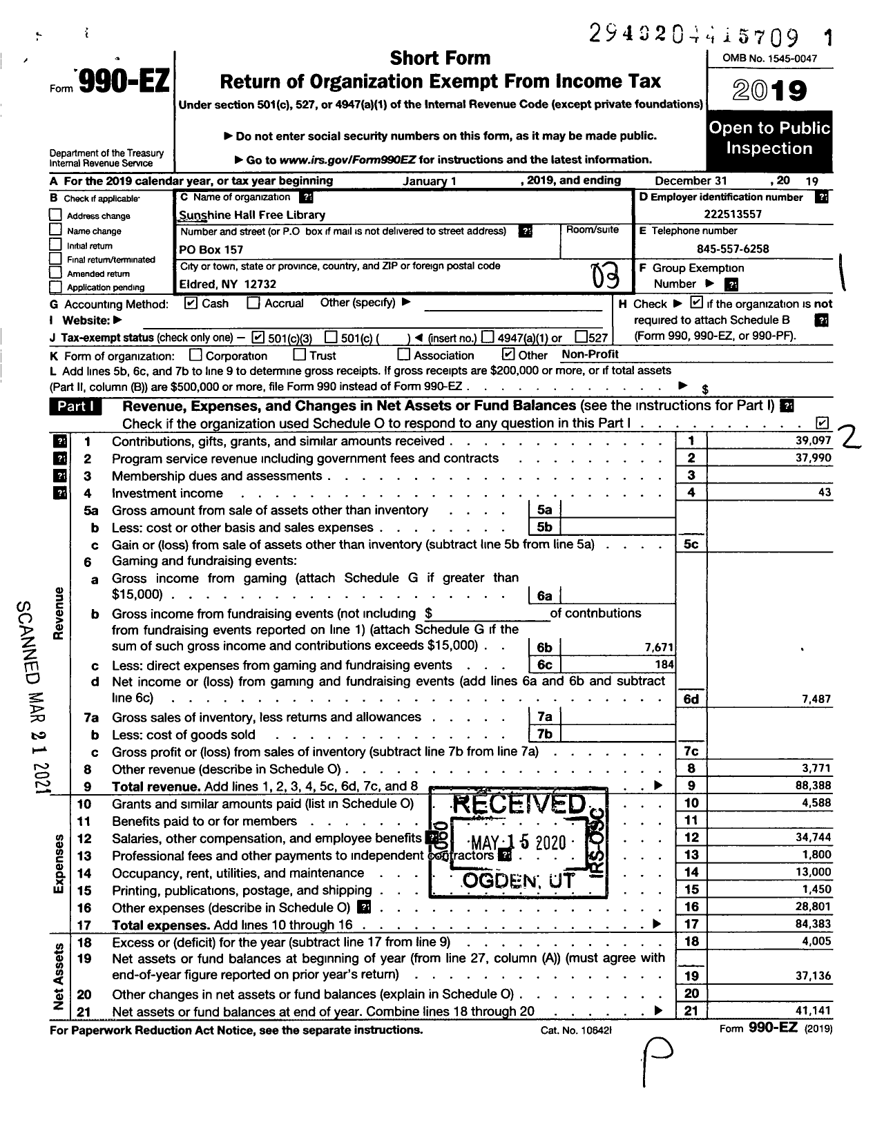 Image of first page of 2019 Form 990EZ for Sunshine Hall Free Library