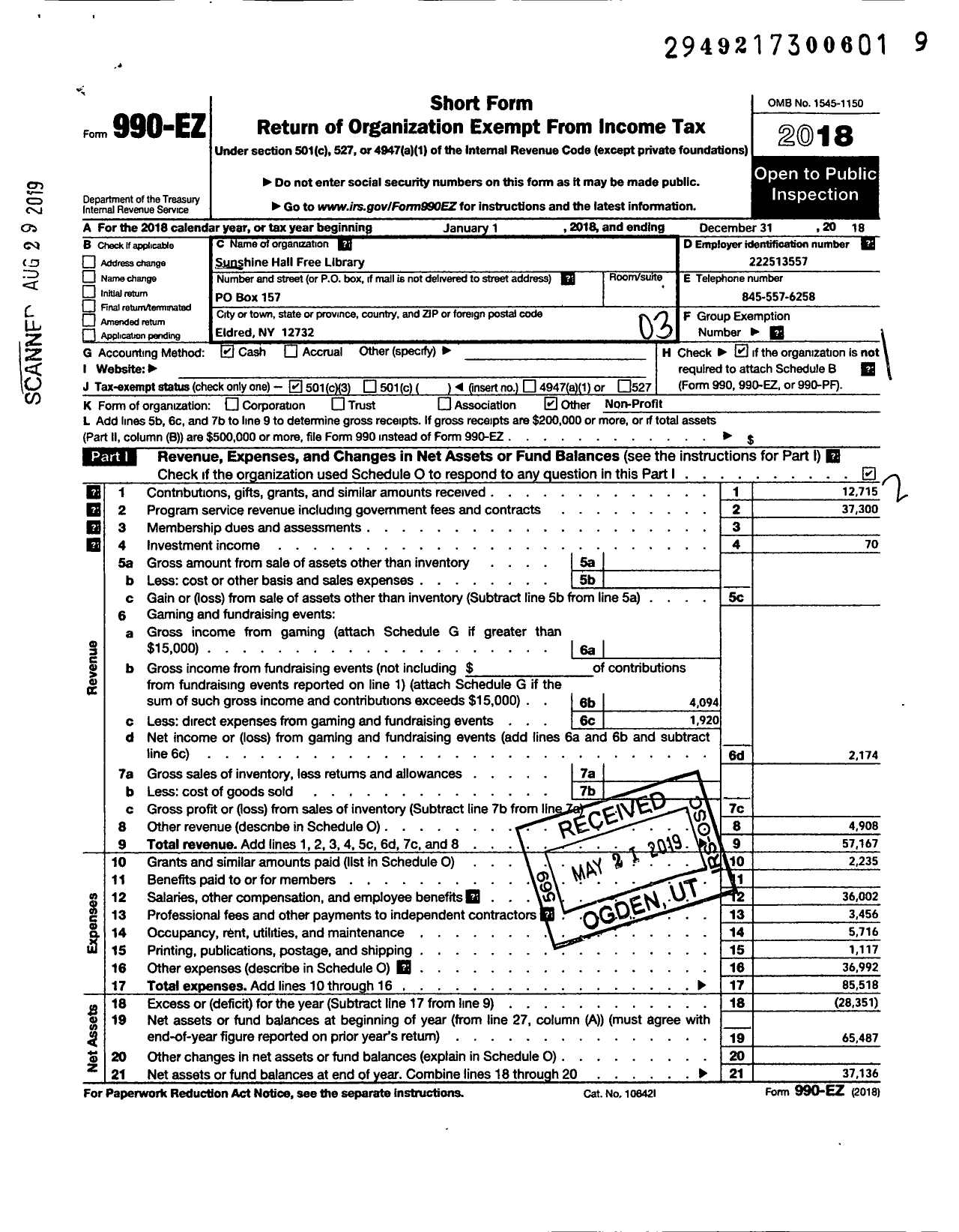 Image of first page of 2018 Form 990EZ for Sunshine Hall Free Library