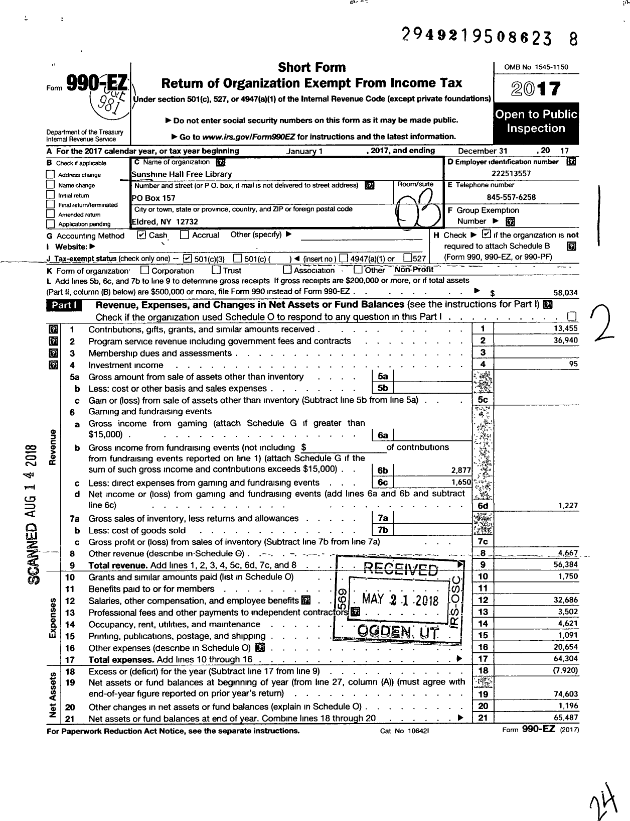 Image of first page of 2017 Form 990EZ for Sunshine Hall Free Library