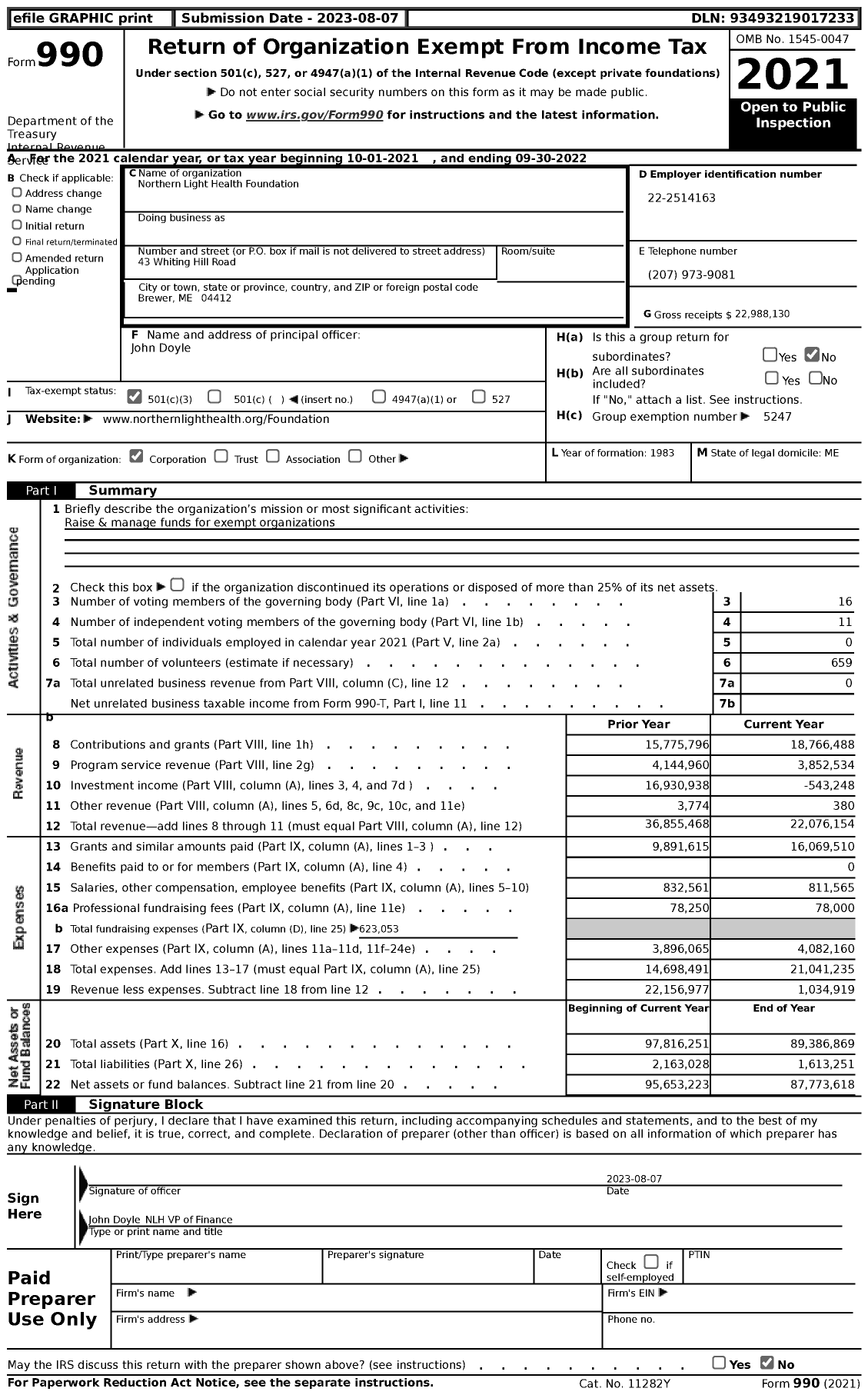 Image of first page of 2021 Form 990 for Northern Light Healthcare Foundation