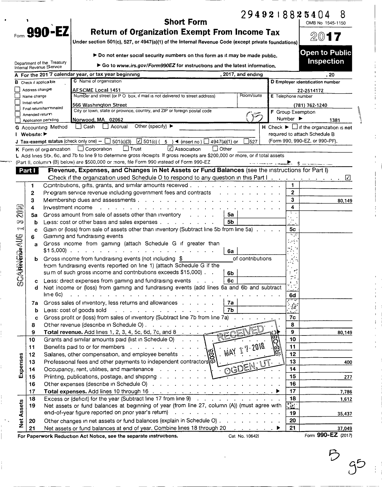 Image of first page of 2017 Form 990EO for American Federation of State County & Municipal Employees - L1451ma Norwood Mass Municipal Emps