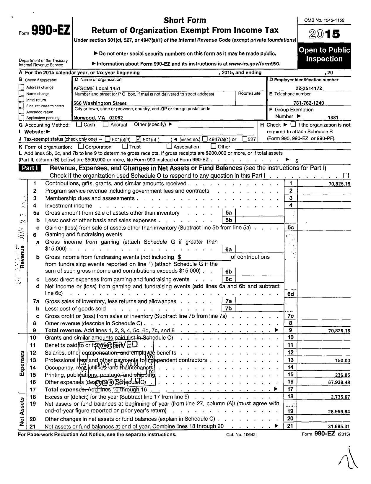 Image of first page of 2015 Form 990EO for American Federation of State County & Municipal Employees - L1451ma Norwood Mass Municipal Emps