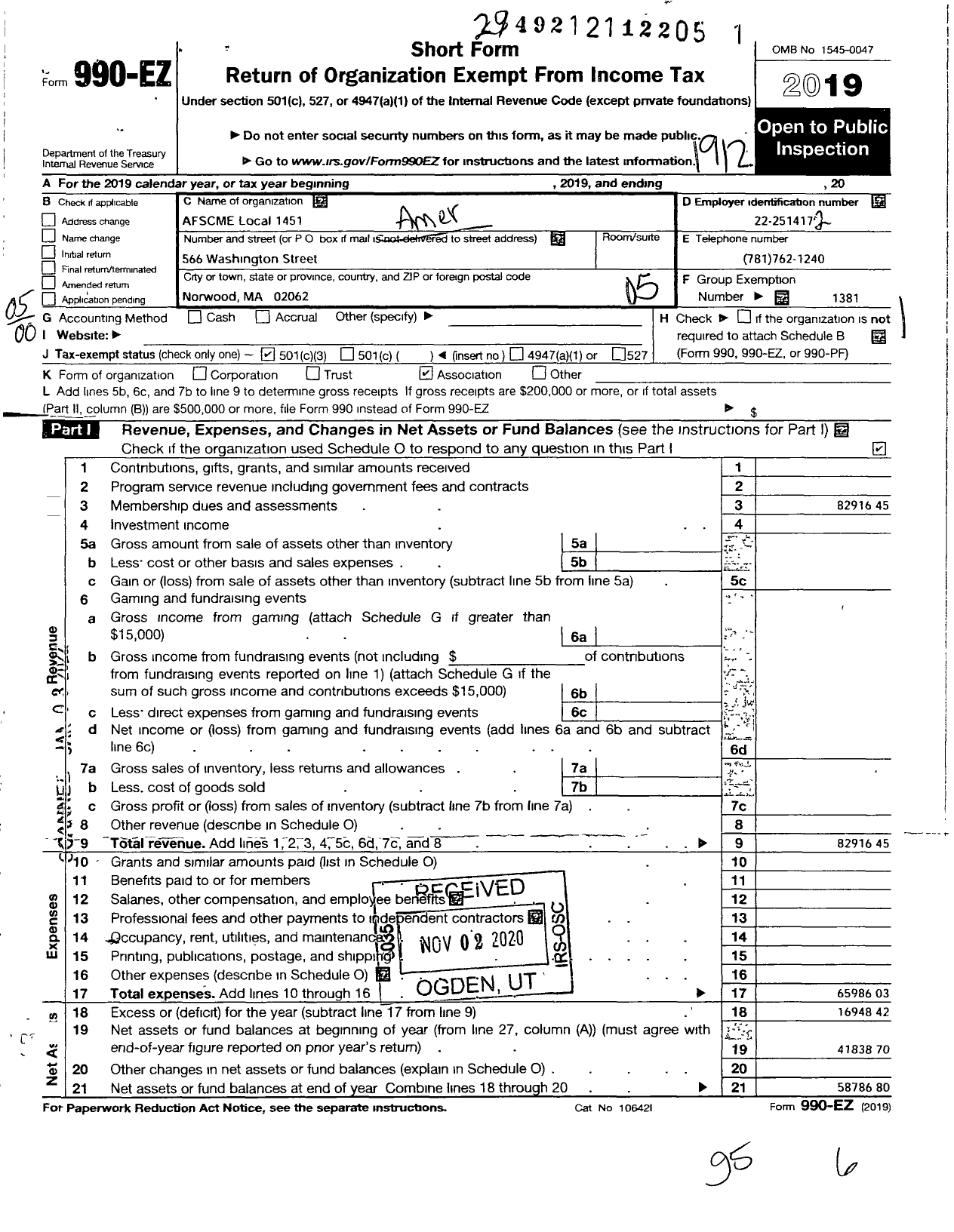 Image of first page of 2019 Form 990EO for American Federation of State County & Municipal Employees - L1451ma Norwood Mass Municipal Emps