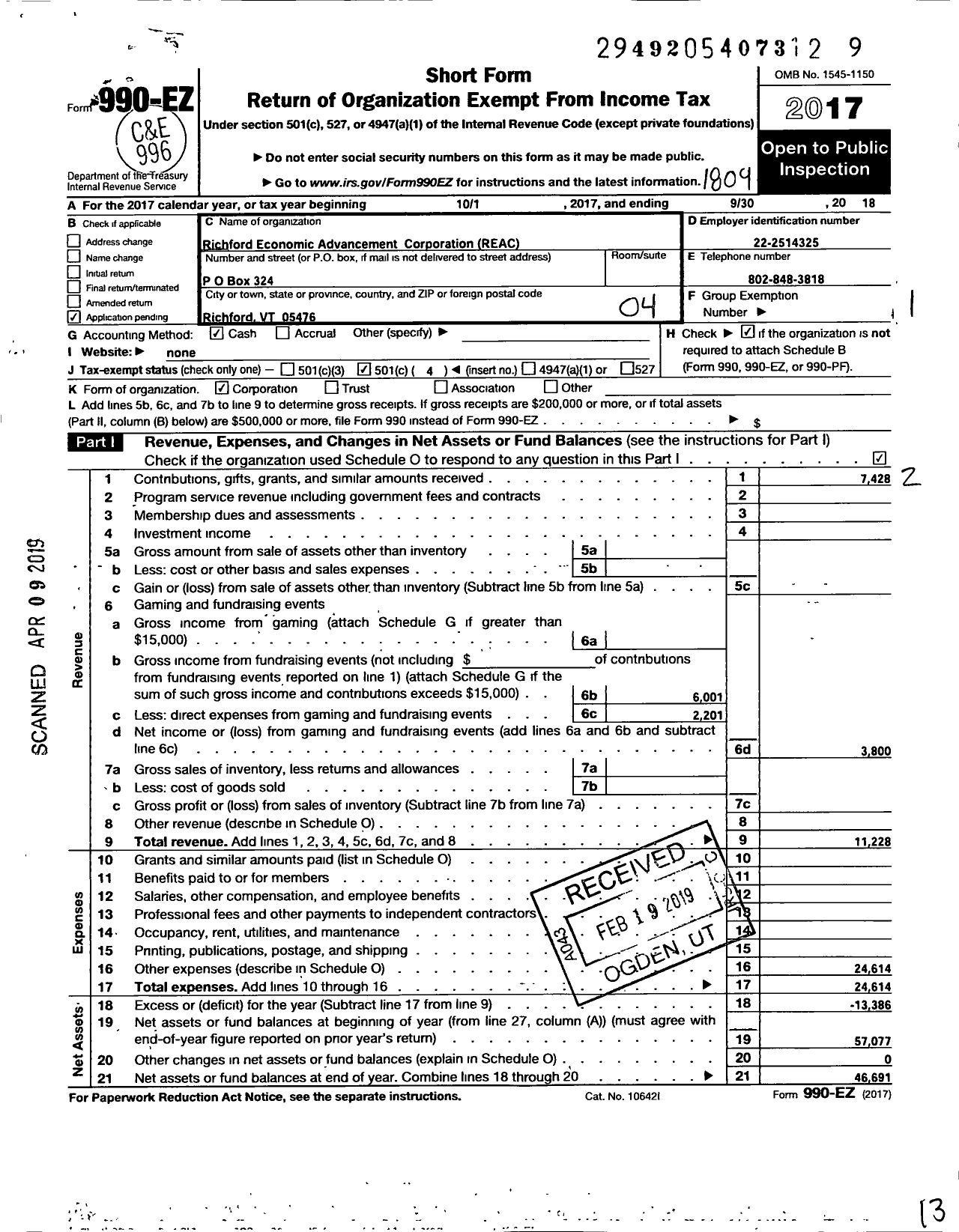 Image of first page of 2017 Form 990EO for Richford Economic Advancement Corporation