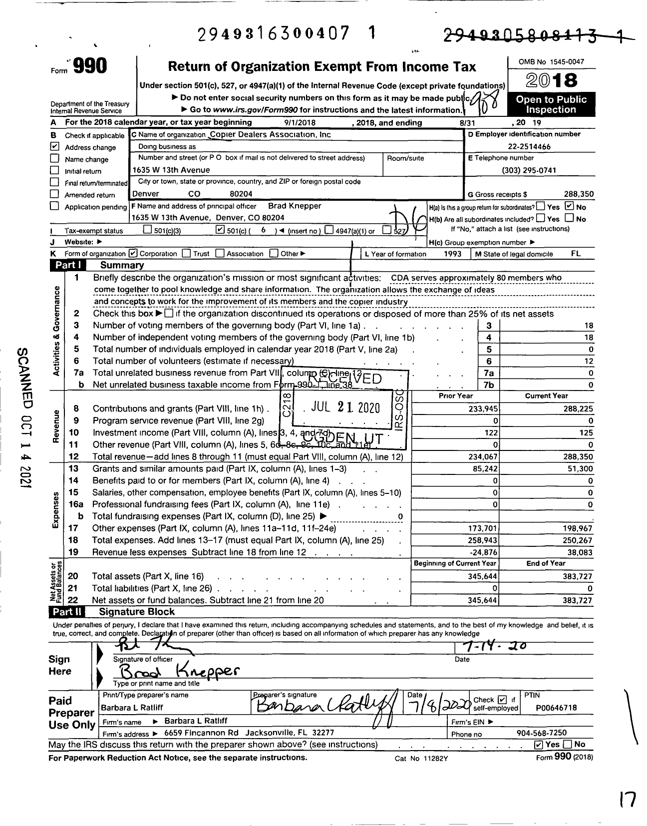 Image of first page of 2018 Form 990O for Copier Dealers Association