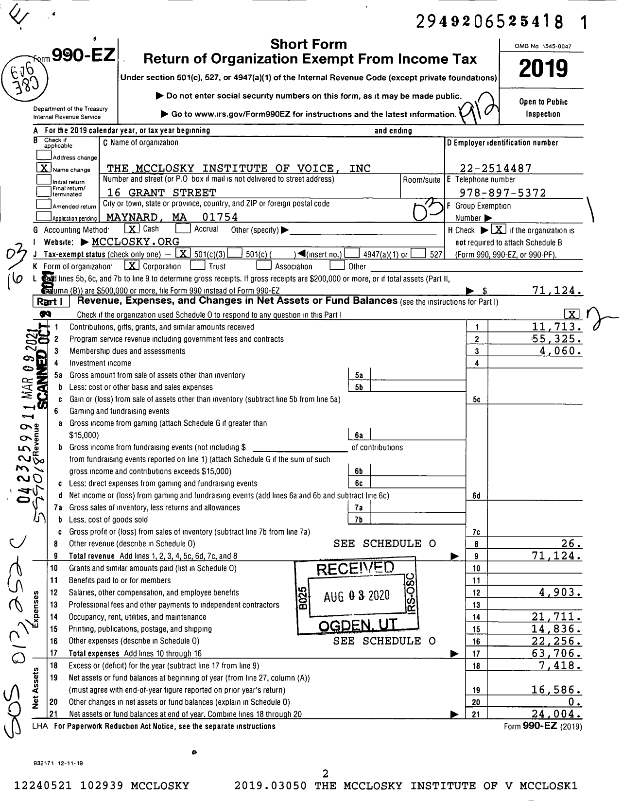 Image of first page of 2019 Form 990EZ for The Mcclosky Institute of Voice