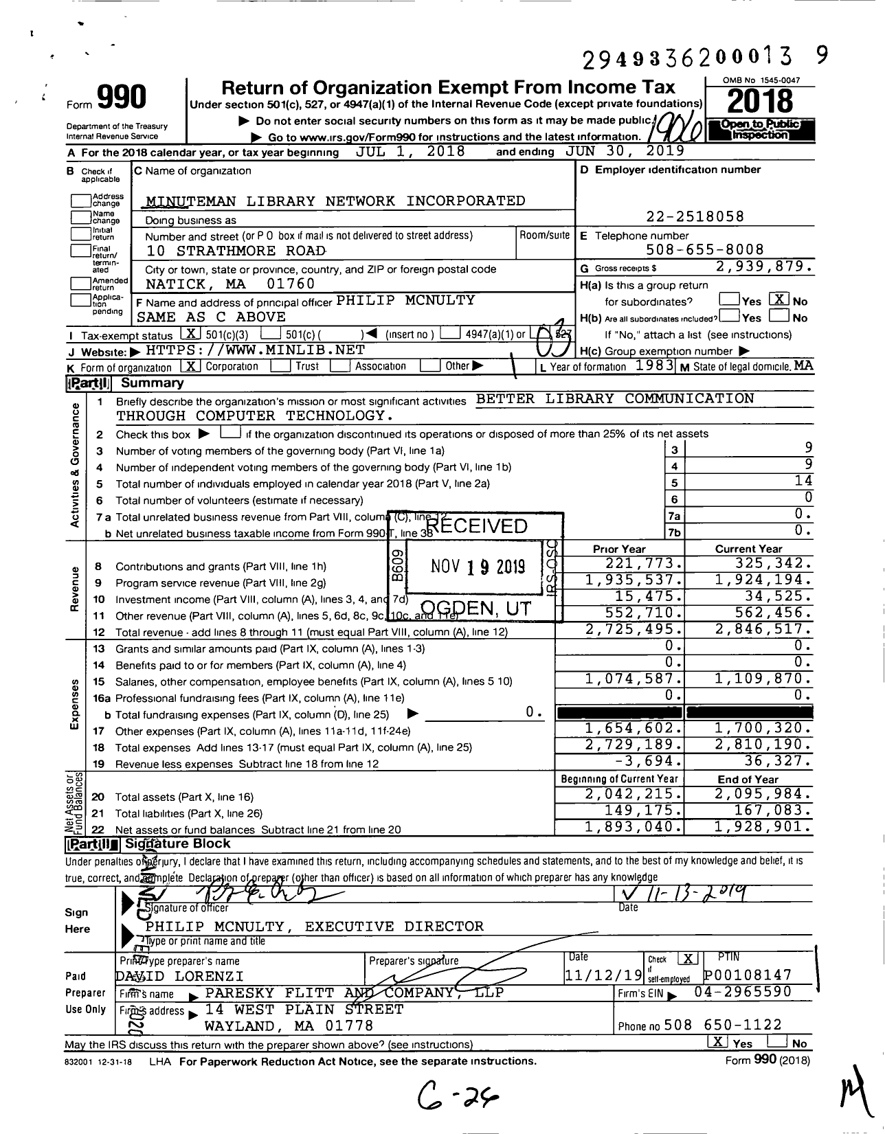 Image of first page of 2018 Form 990 for Minuteman Library Network Incorporated (MLN)