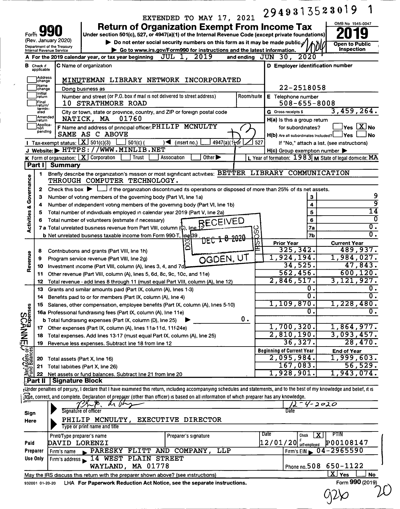 Image of first page of 2019 Form 990 for Minuteman Library Network Incorporated (MLN)