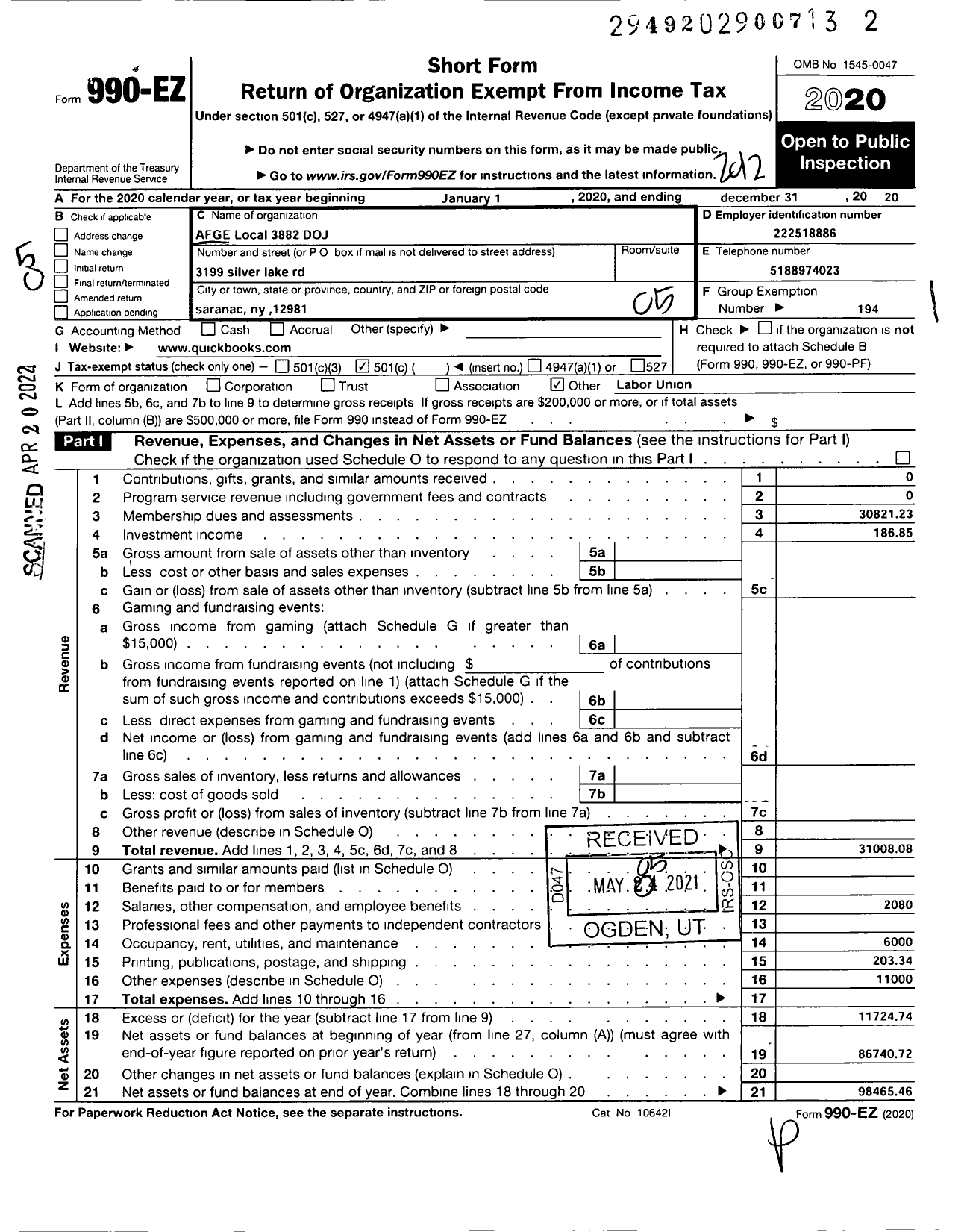 Image of first page of 2020 Form 990EO for American Federation of Government Employees - 3882 Local AFGE Bop