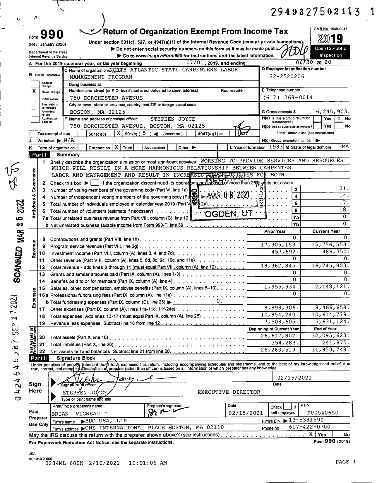 Image of first page of 2019 Form 990O for North Atlantic States Carpenters Labor Management Program