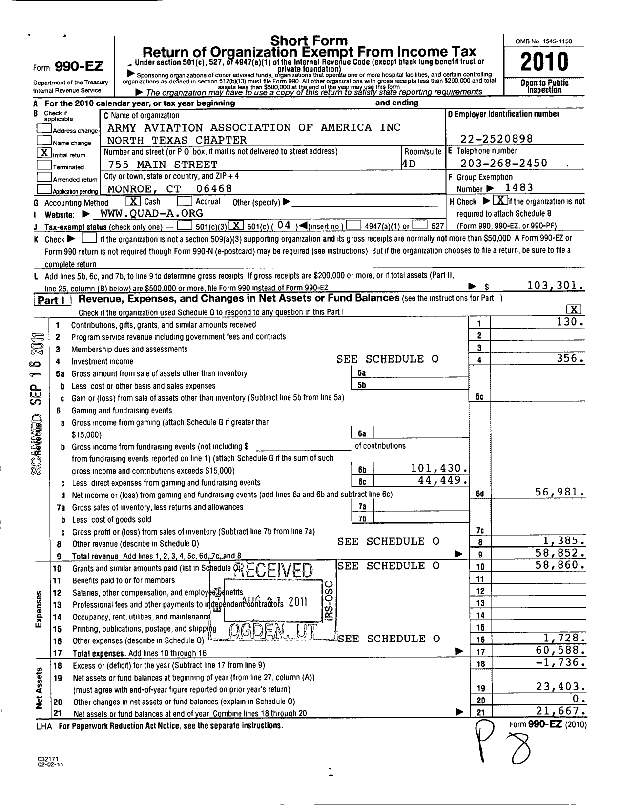 Image of first page of 2010 Form 990EO for Army Aviation Association of America / North Texas Chapter