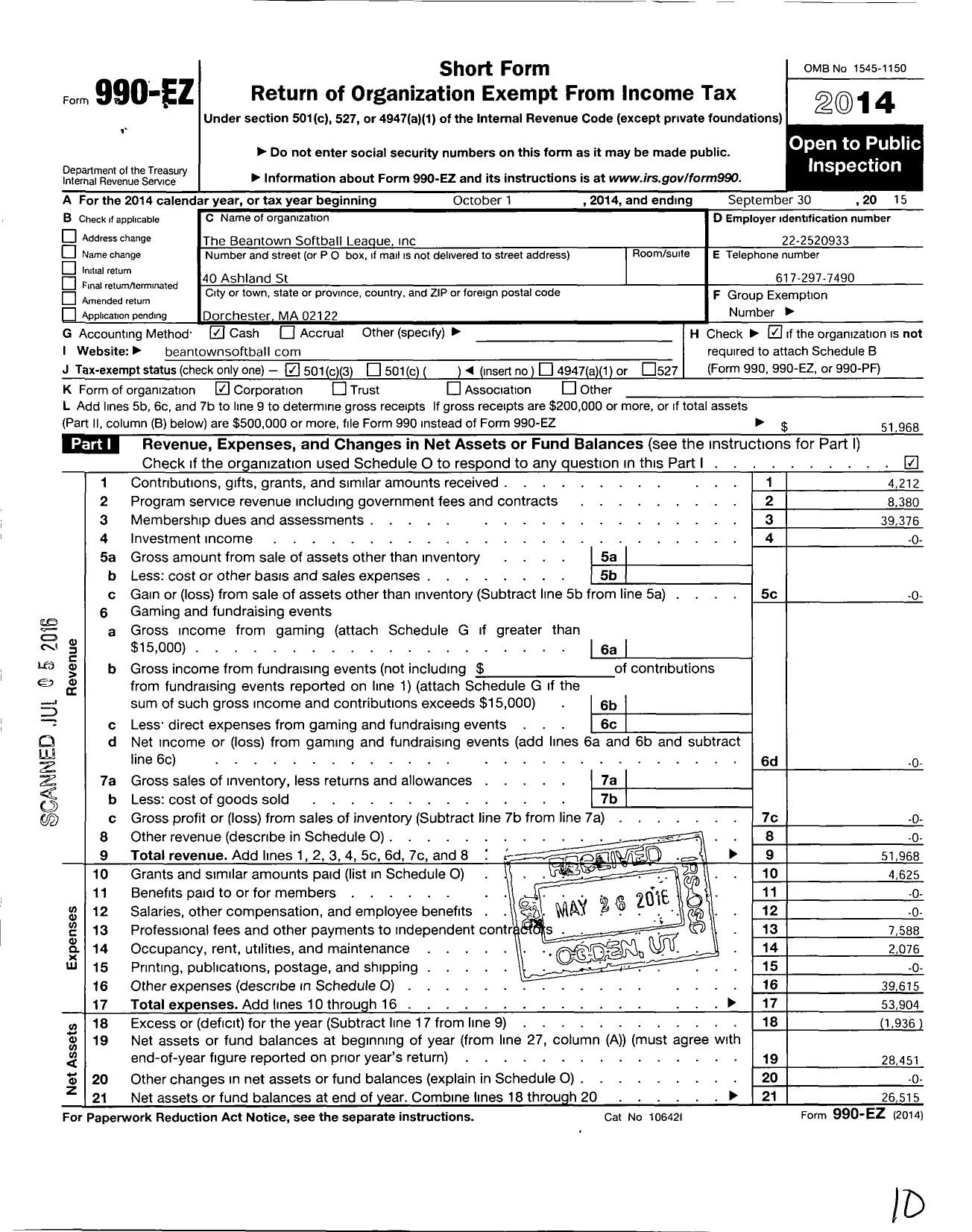 Image of first page of 2014 Form 990EZ for The Beantown Softball League