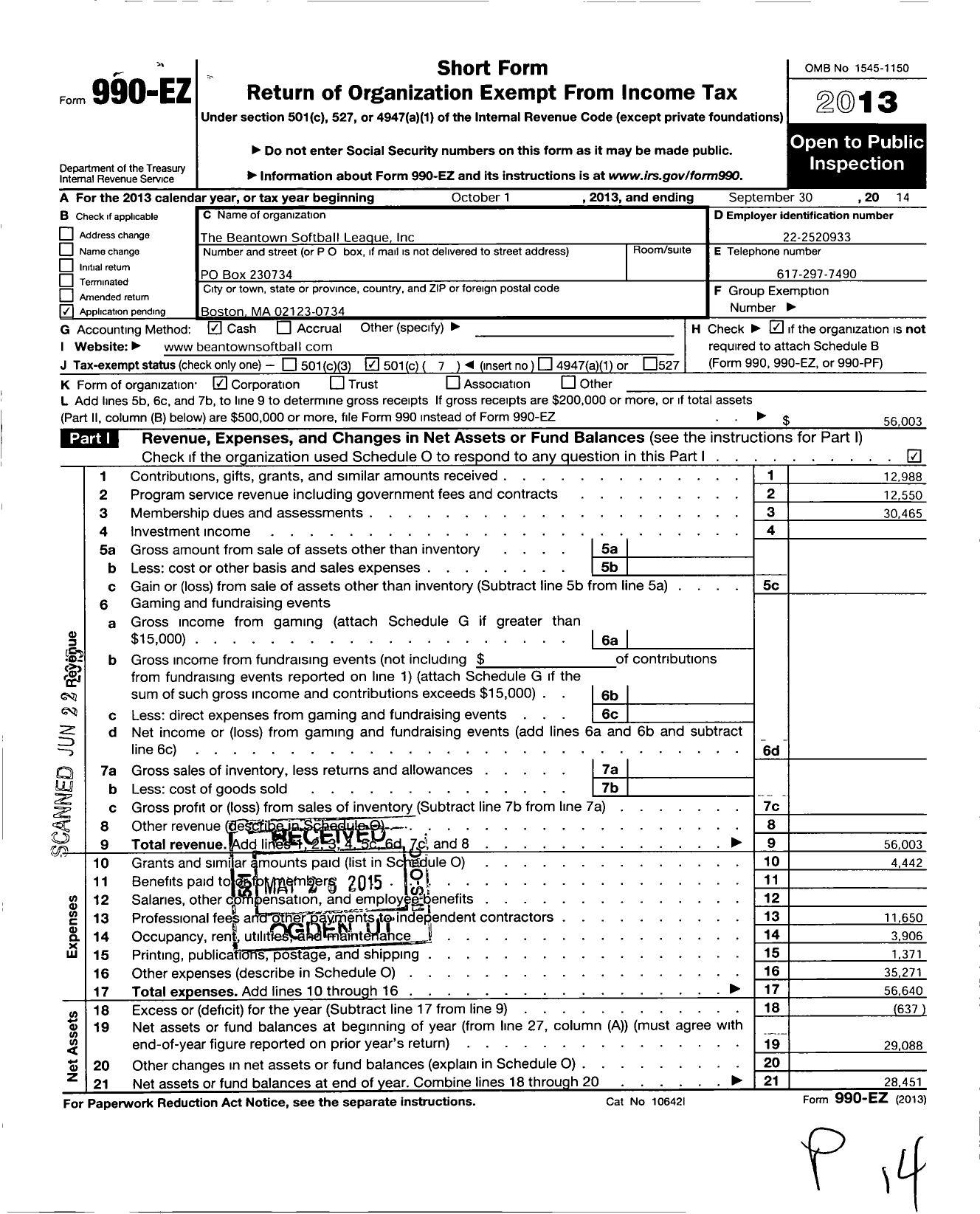 Image of first page of 2013 Form 990EO for The Beantown Softball League