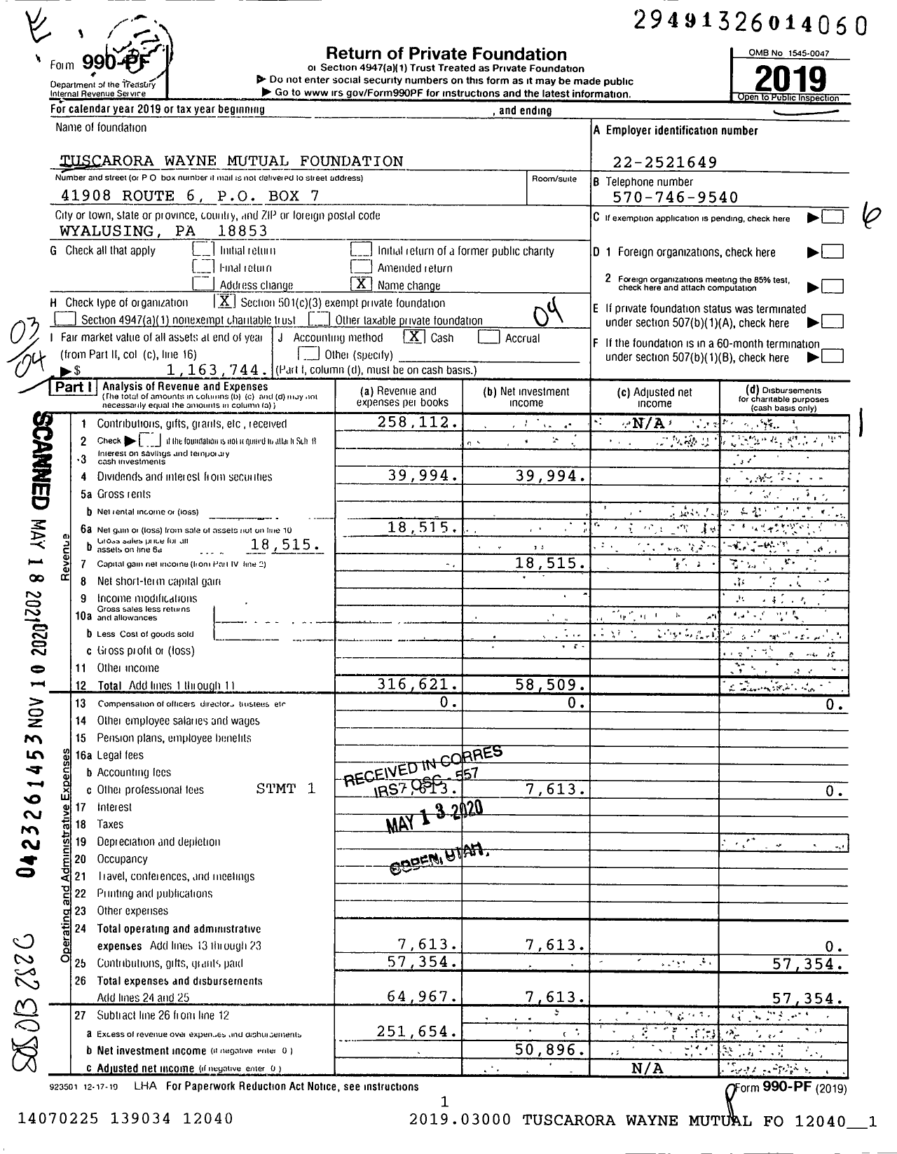 Image of first page of 2019 Form 990PF for Tuscarora Wayne Mutual Foundation